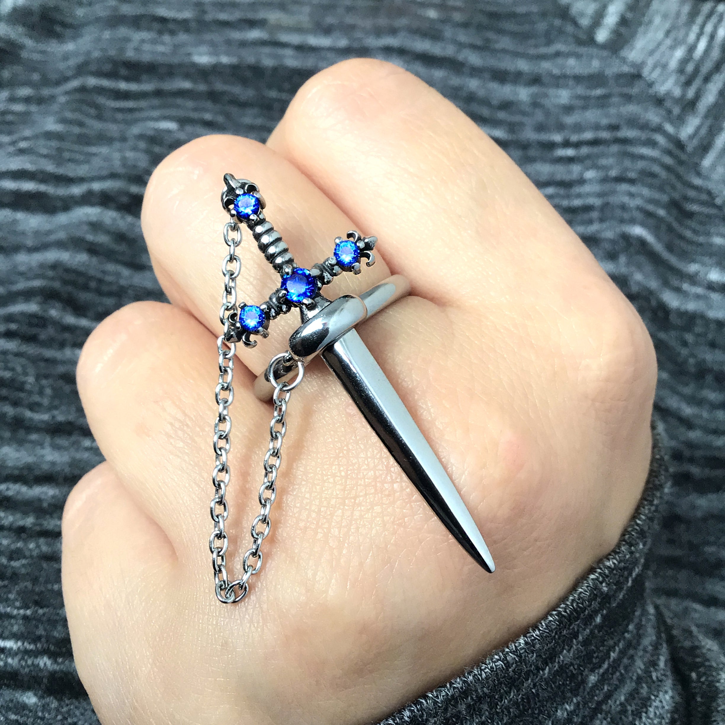 Fleur Sword ring with Sapphire CZ stones