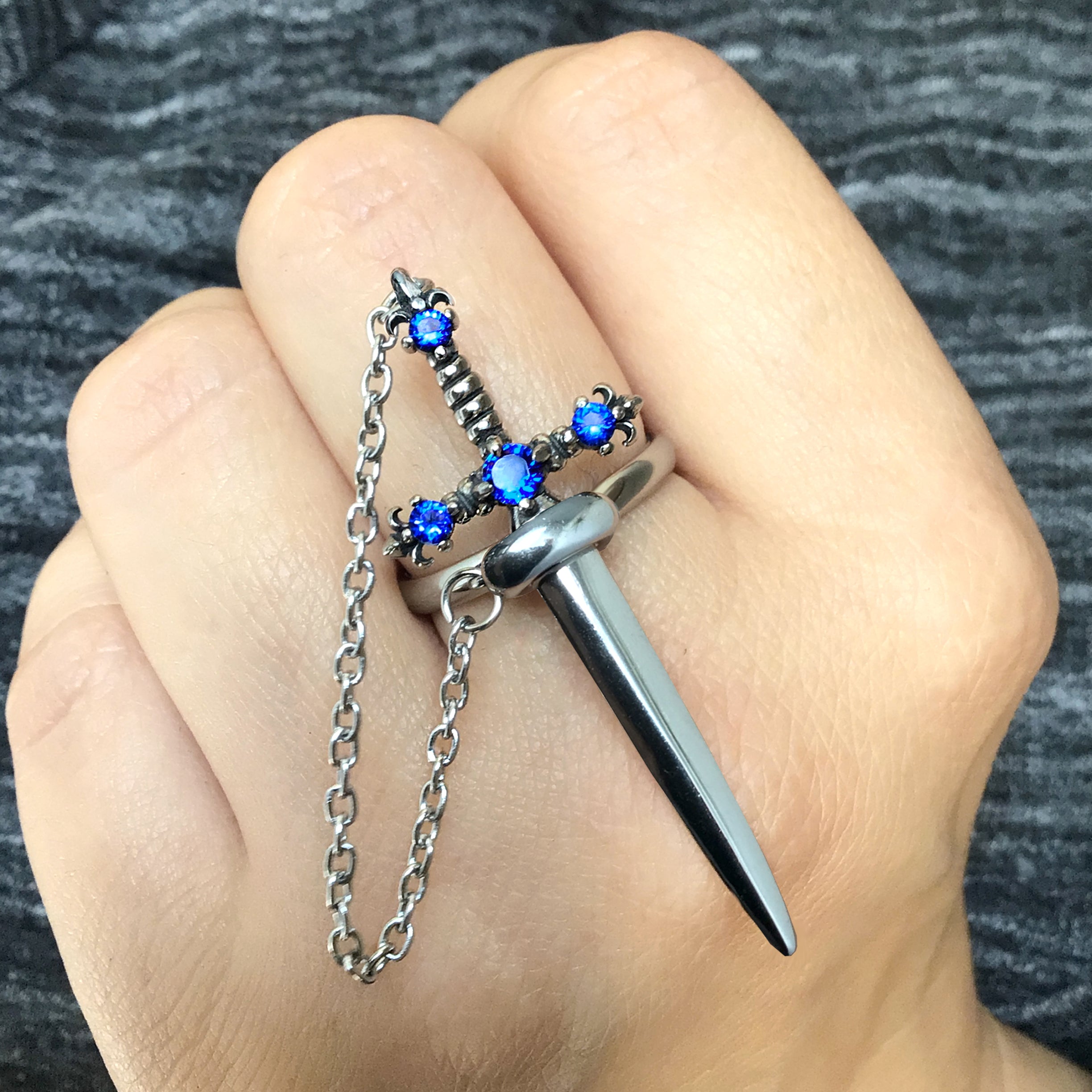 Fleur Sword ring with Sapphire CZ stones