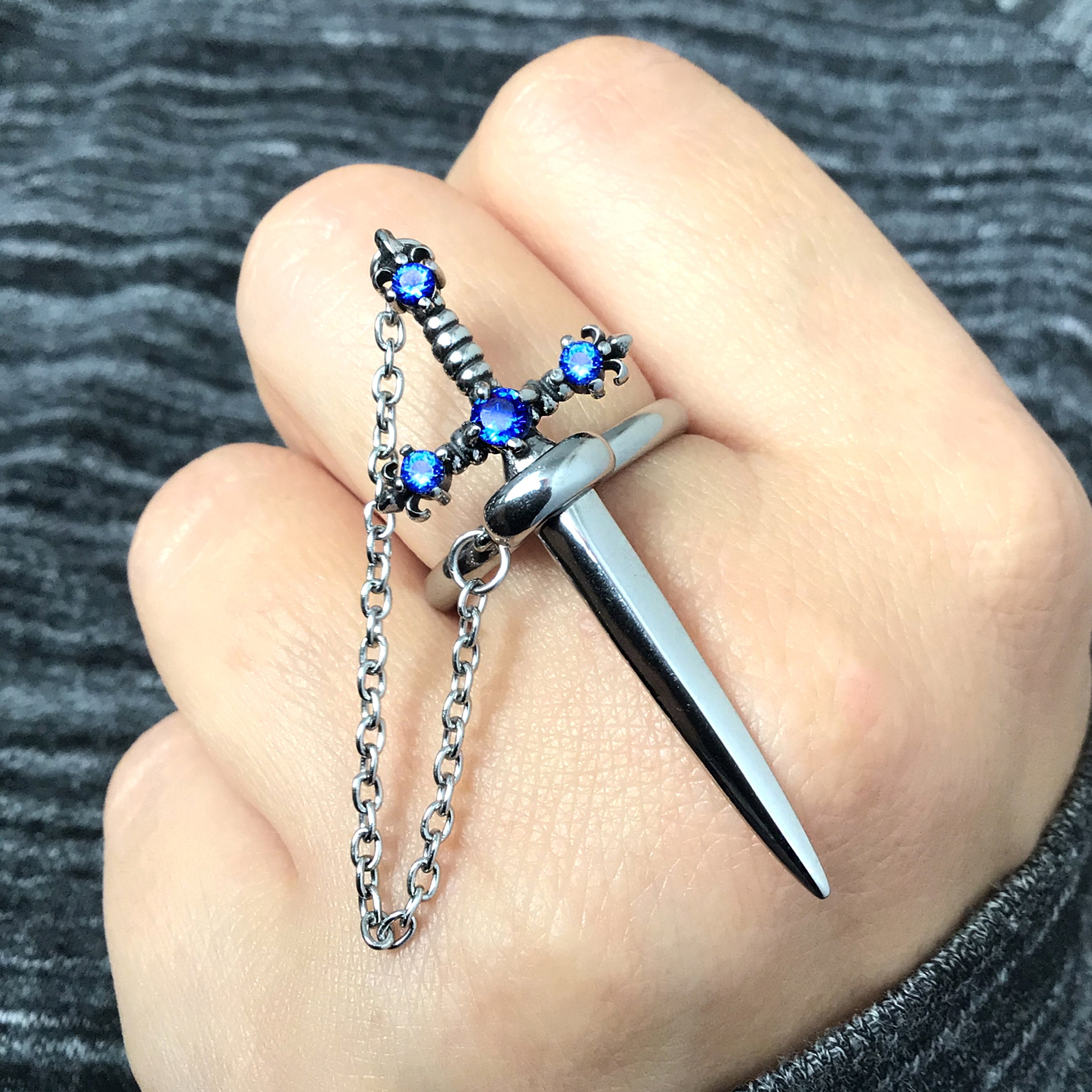 Fleur Sword ring with Sapphire CZ stones