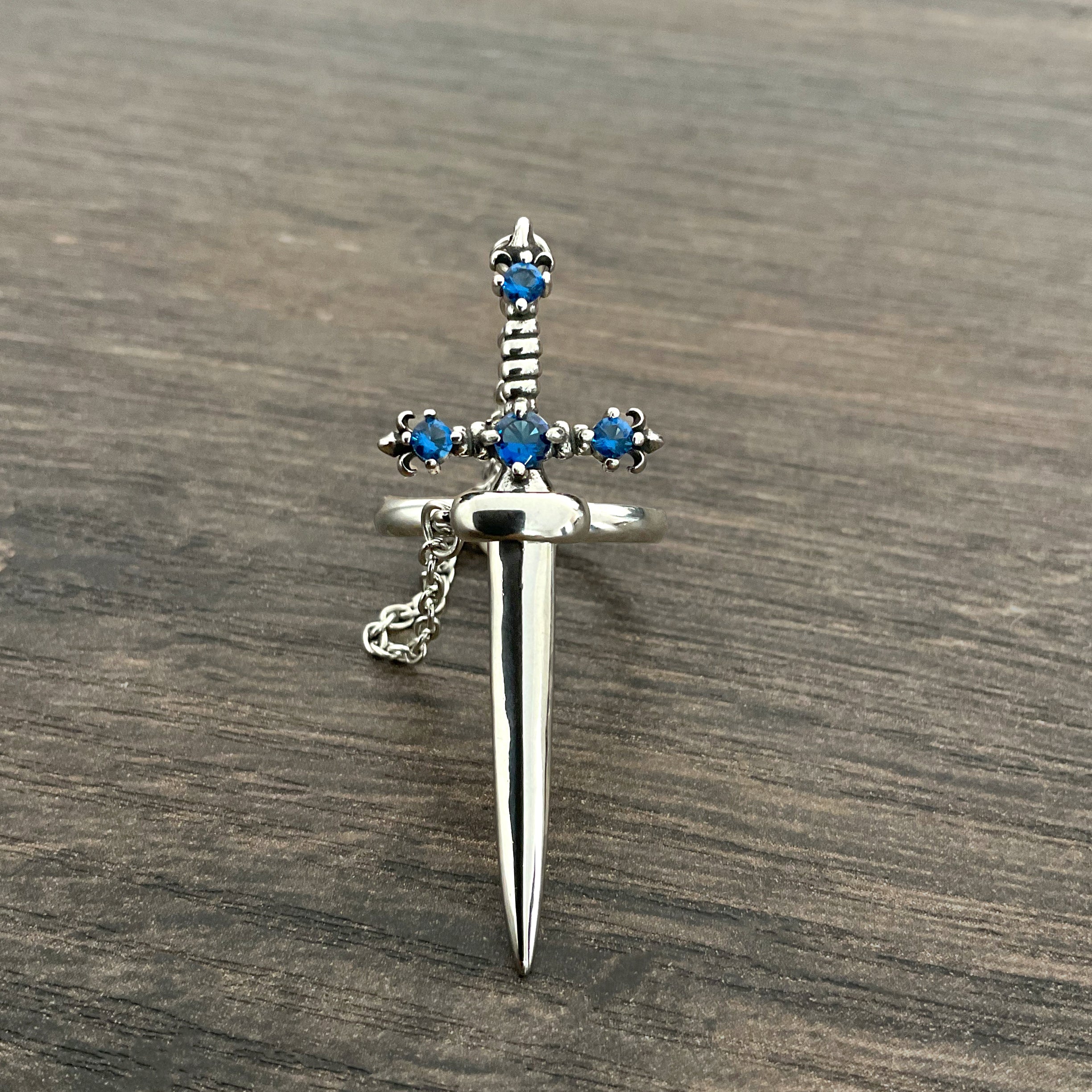 Fleur Sword ring with Sapphire CZ stones