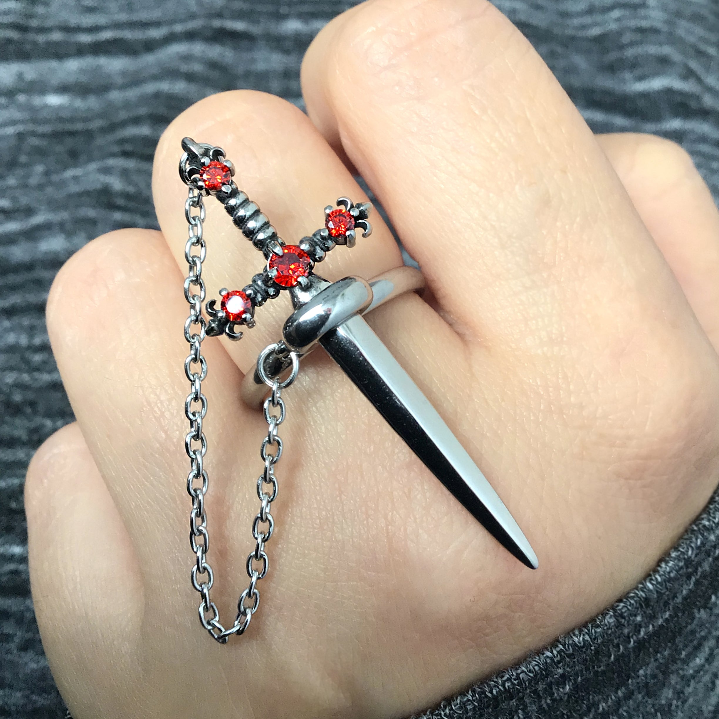 Fleur Sword ring with Ruby CZ stones