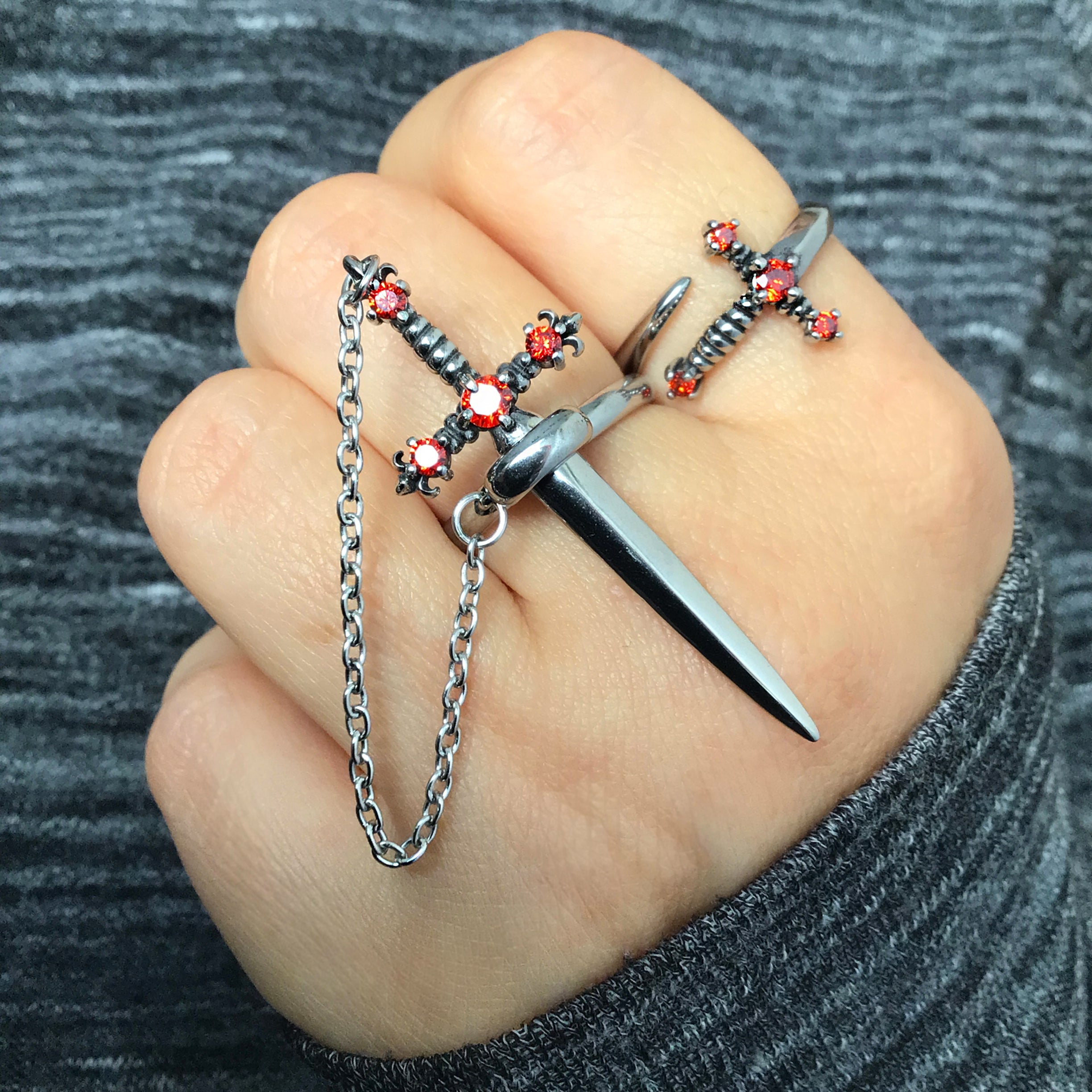 Fleur Sword ring with Ruby CZ stones