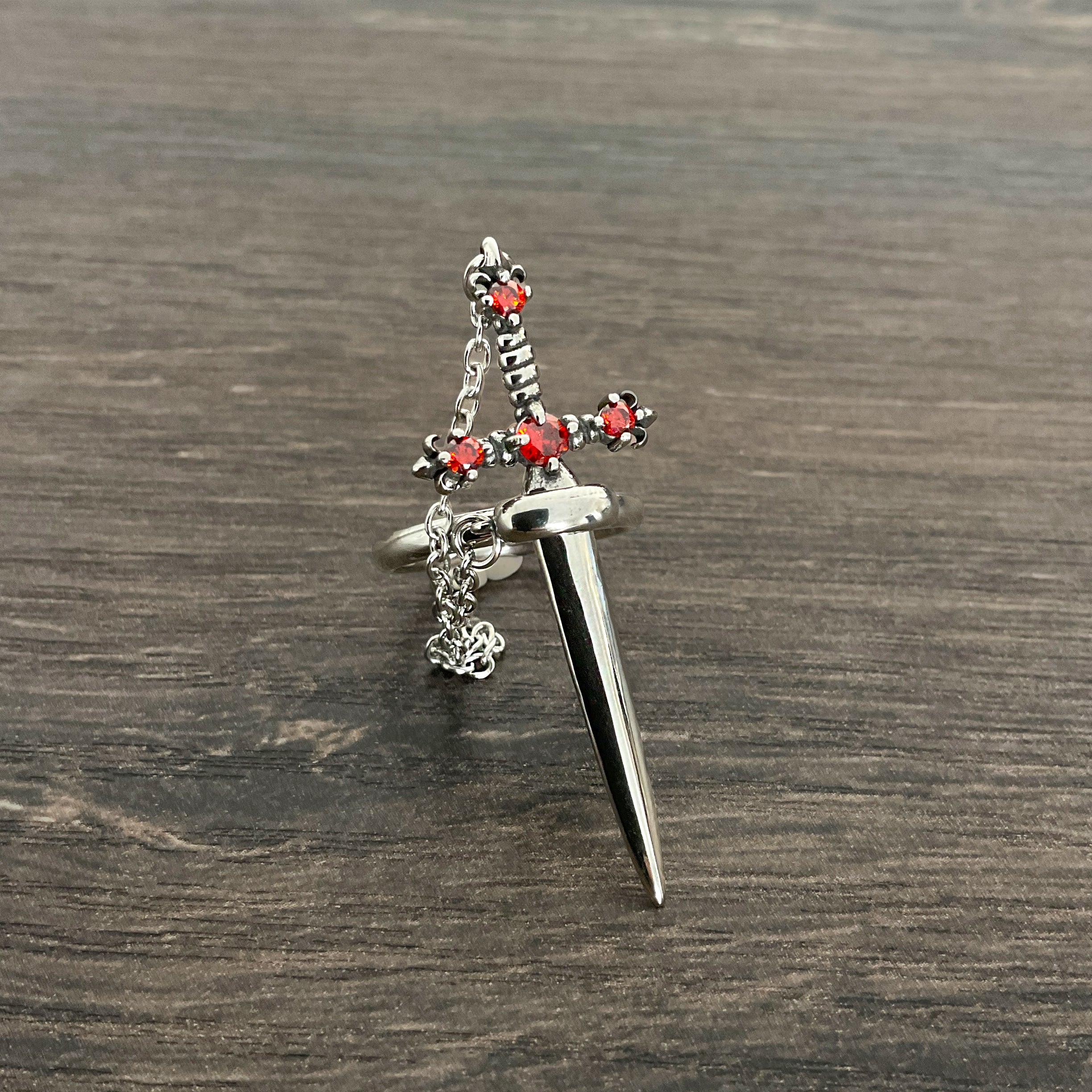 Fleur Sword ring with Ruby CZ stones