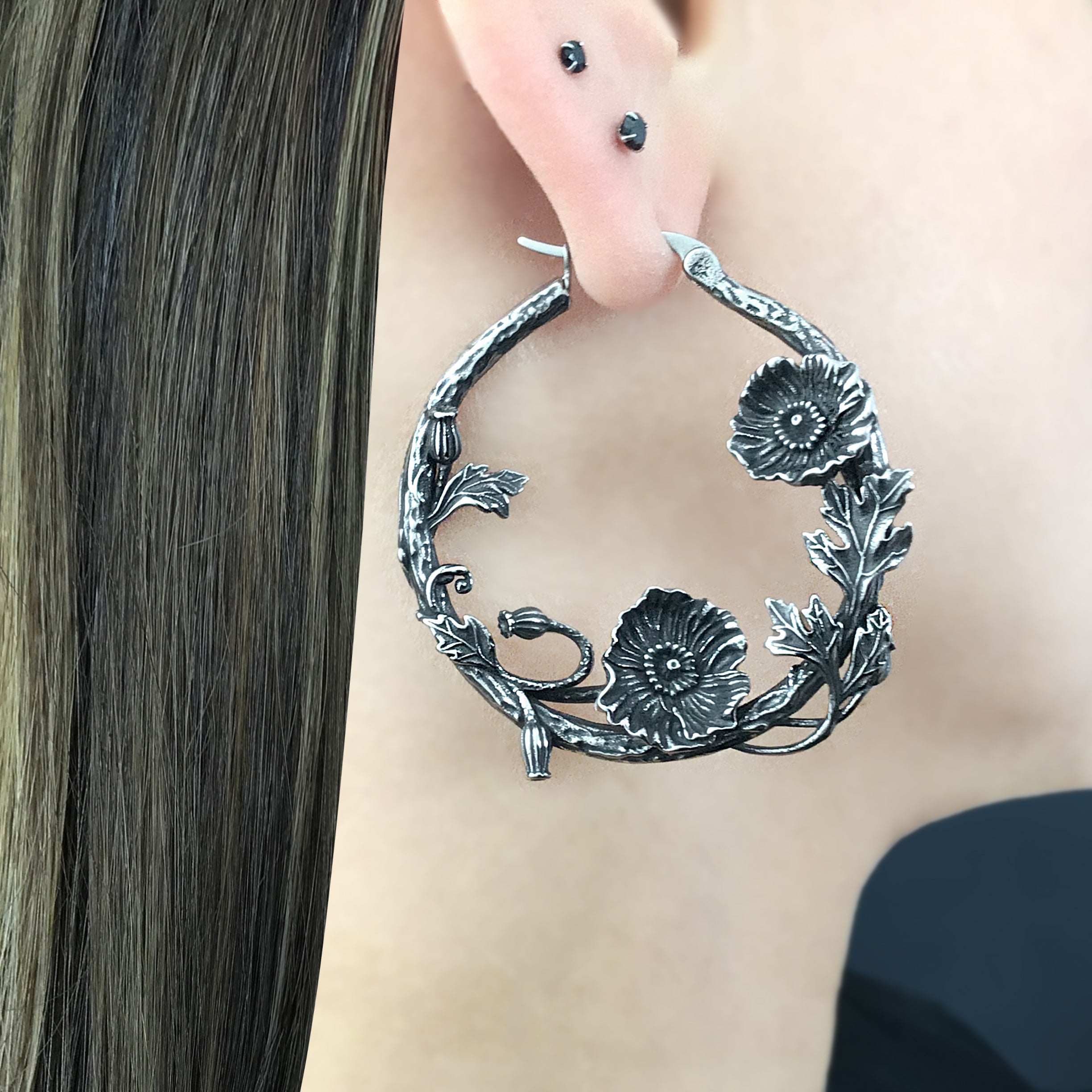 Poppy Flower hoop earrings