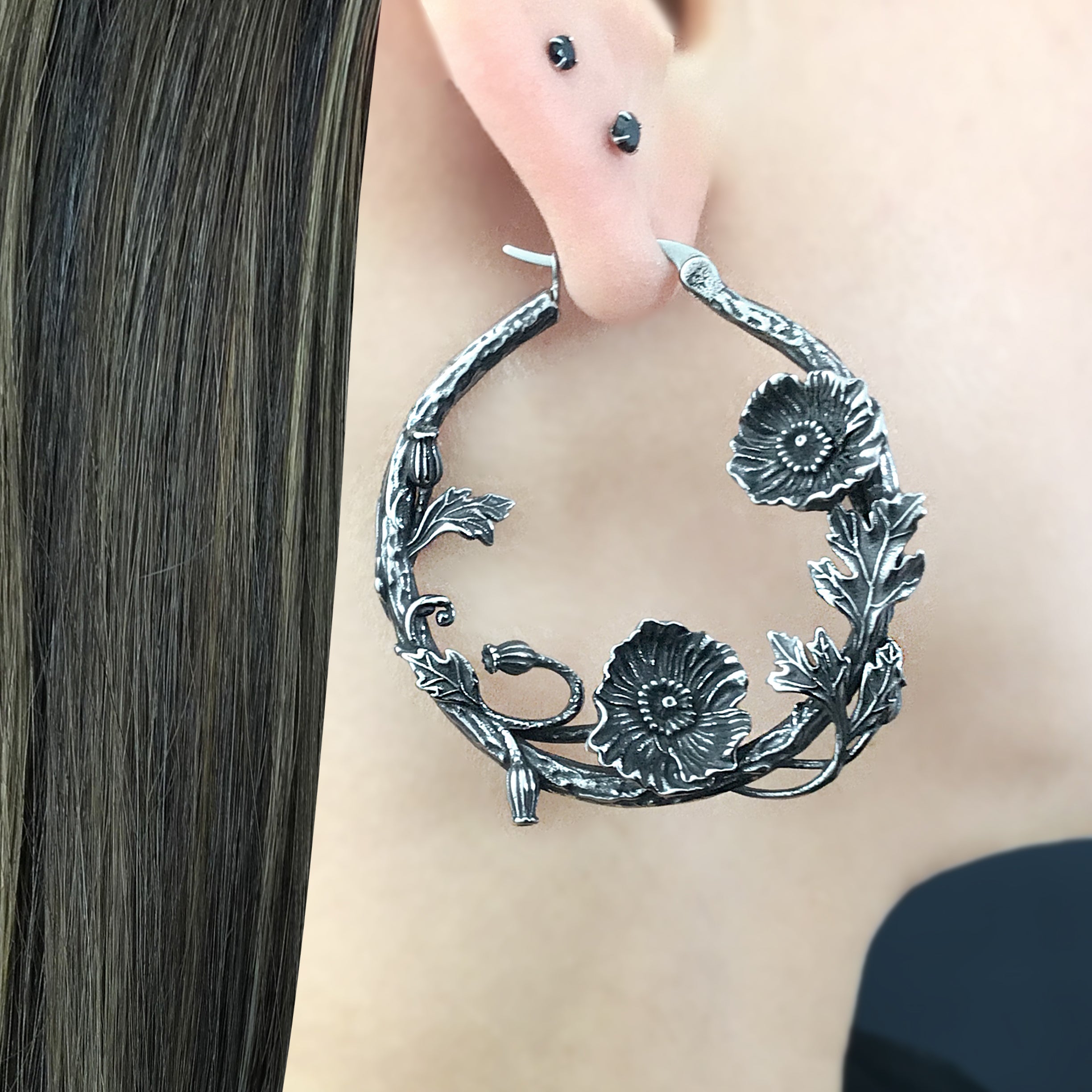Poppy Flower hoop earrings