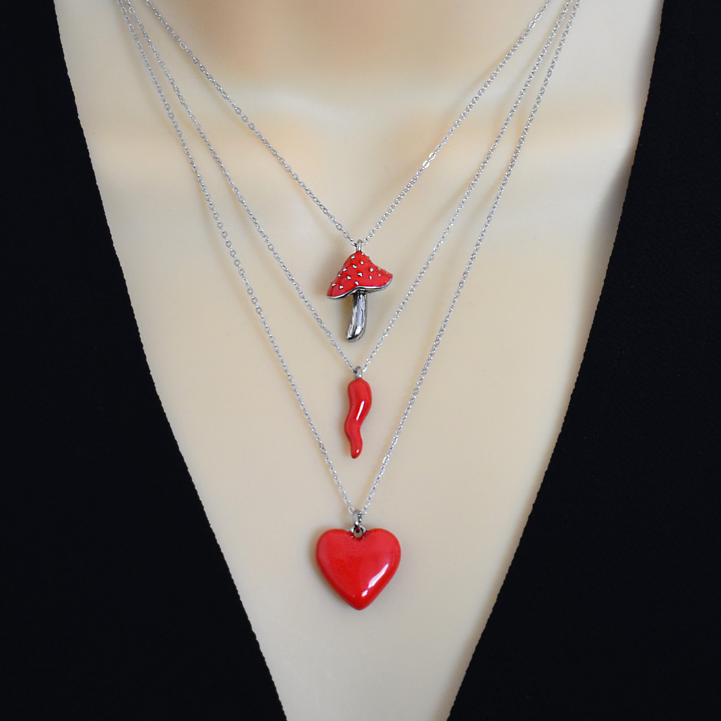 Heart necklace, Mushroom necklace, Chili Papper necklace