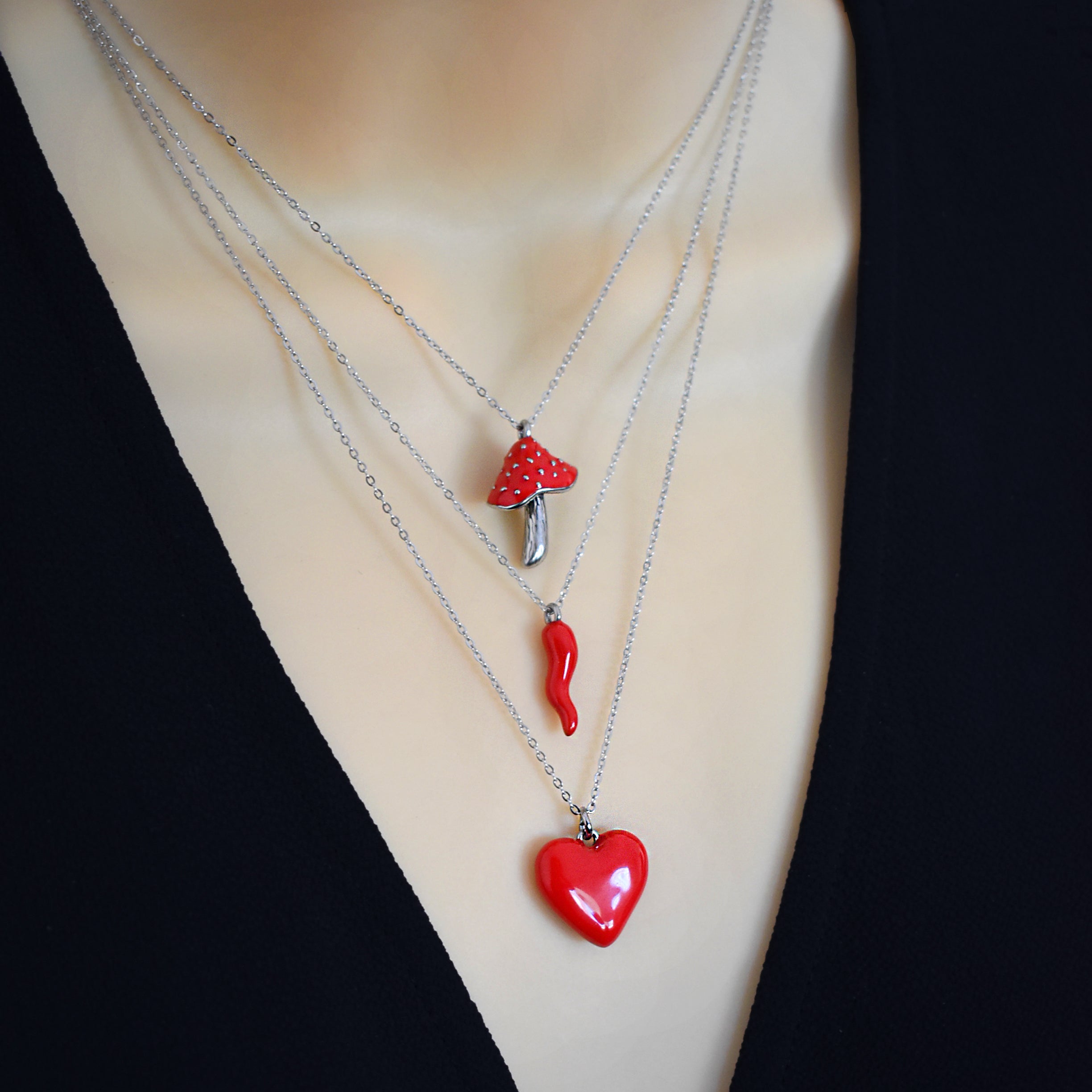 Heart necklace, Mushroom necklace, Chili Papper necklace