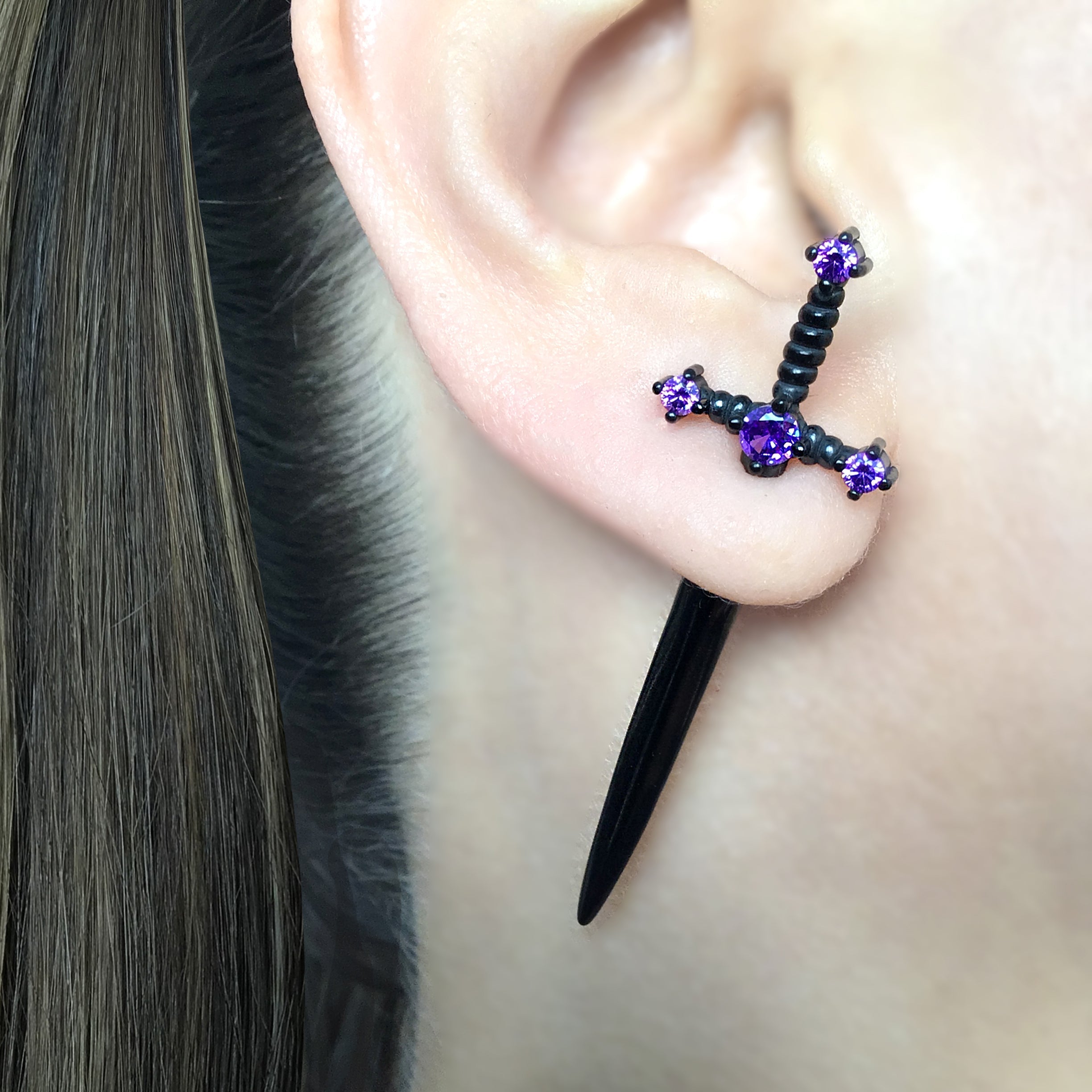 Kali black sword ear jacket with Ruby Red CZ