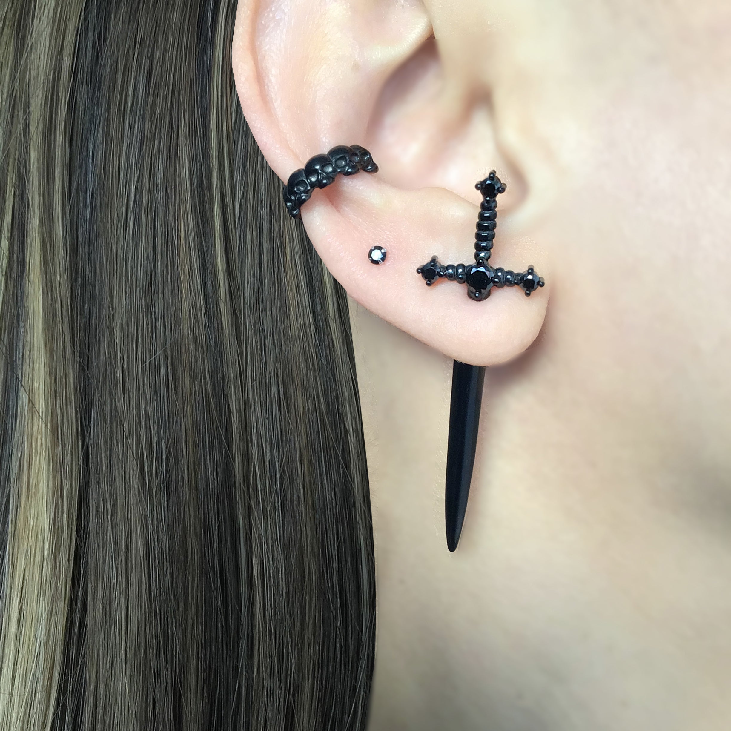 Kali black sword ear jacket with Black CZ stones