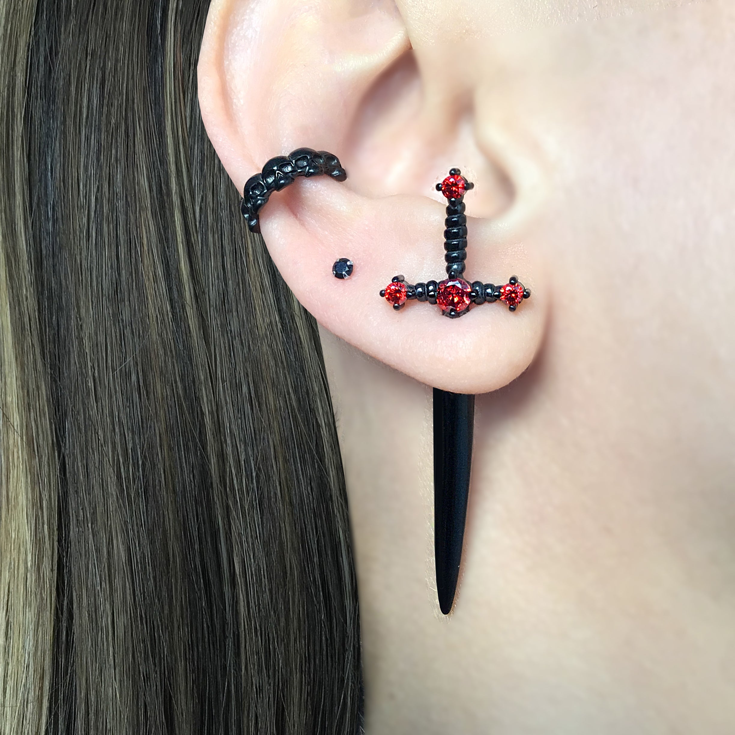 Kali black sword ear jacket with Black CZ stones