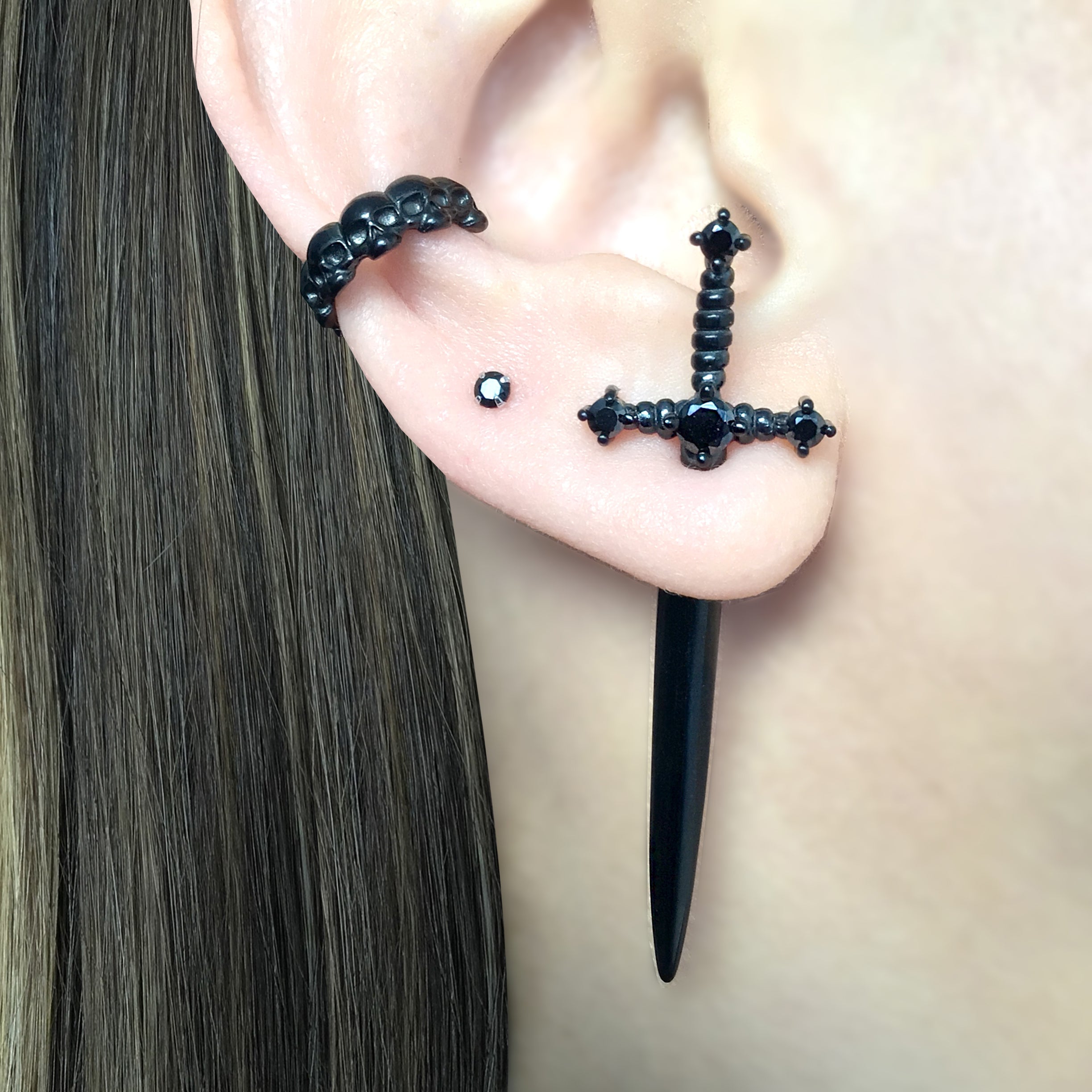 Kali black sword ear jacket with Black CZ stones