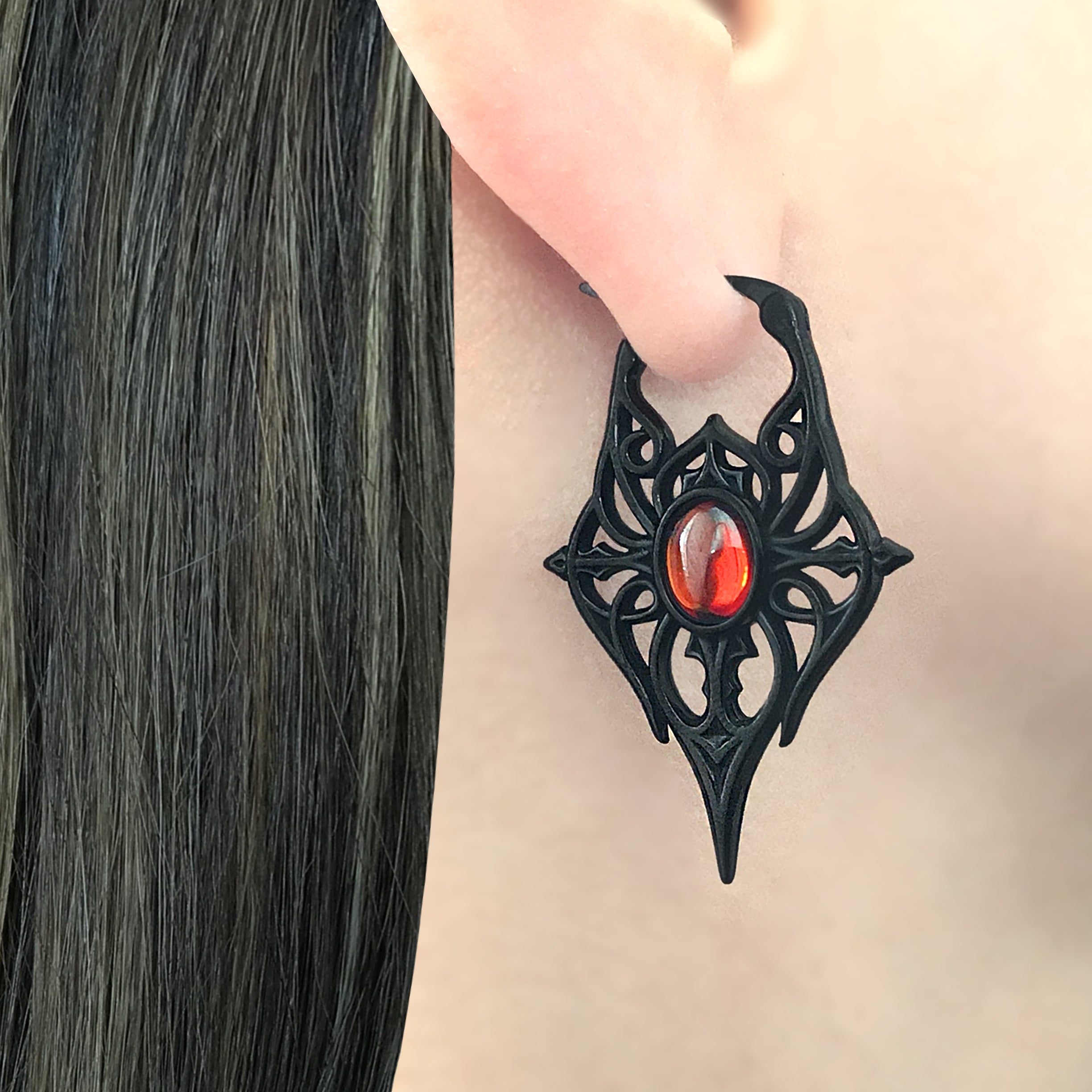 Spearhead Tribal Goth Hoop Earrings with Oval Gemstone