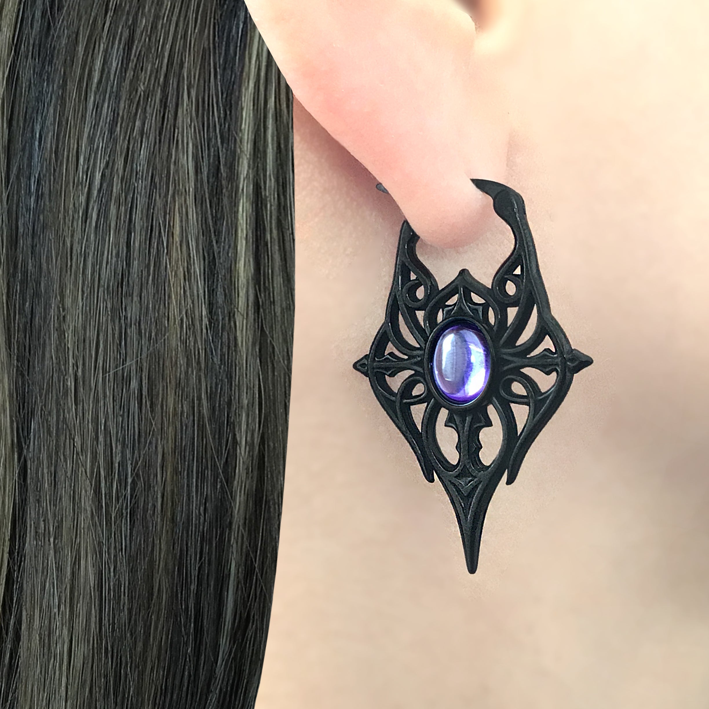 Spearhead Tribal Goth Hoop Earrings with Oval Gemstone