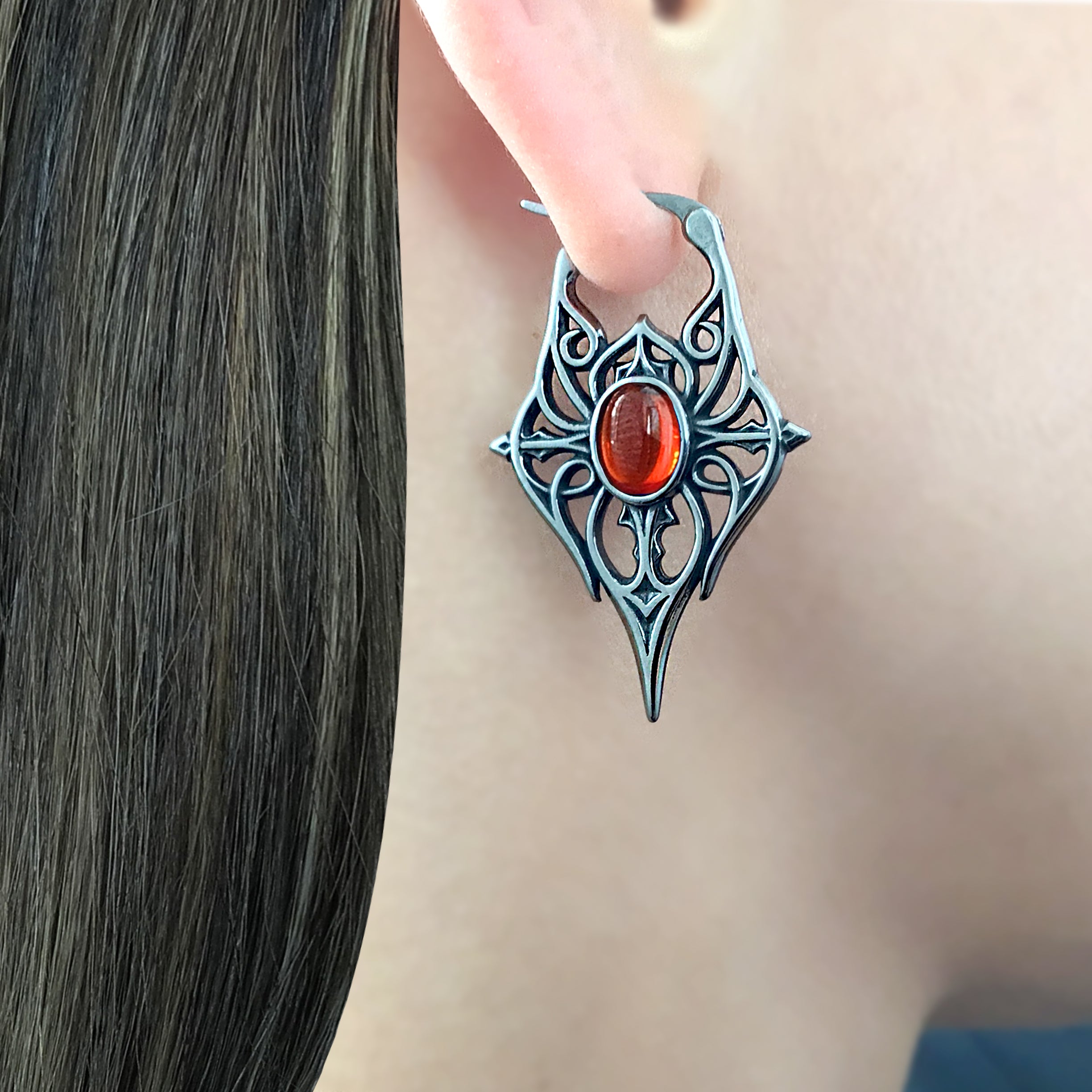 Spearhead Tribal Goth Hoop Earrings with Oval Gemstone