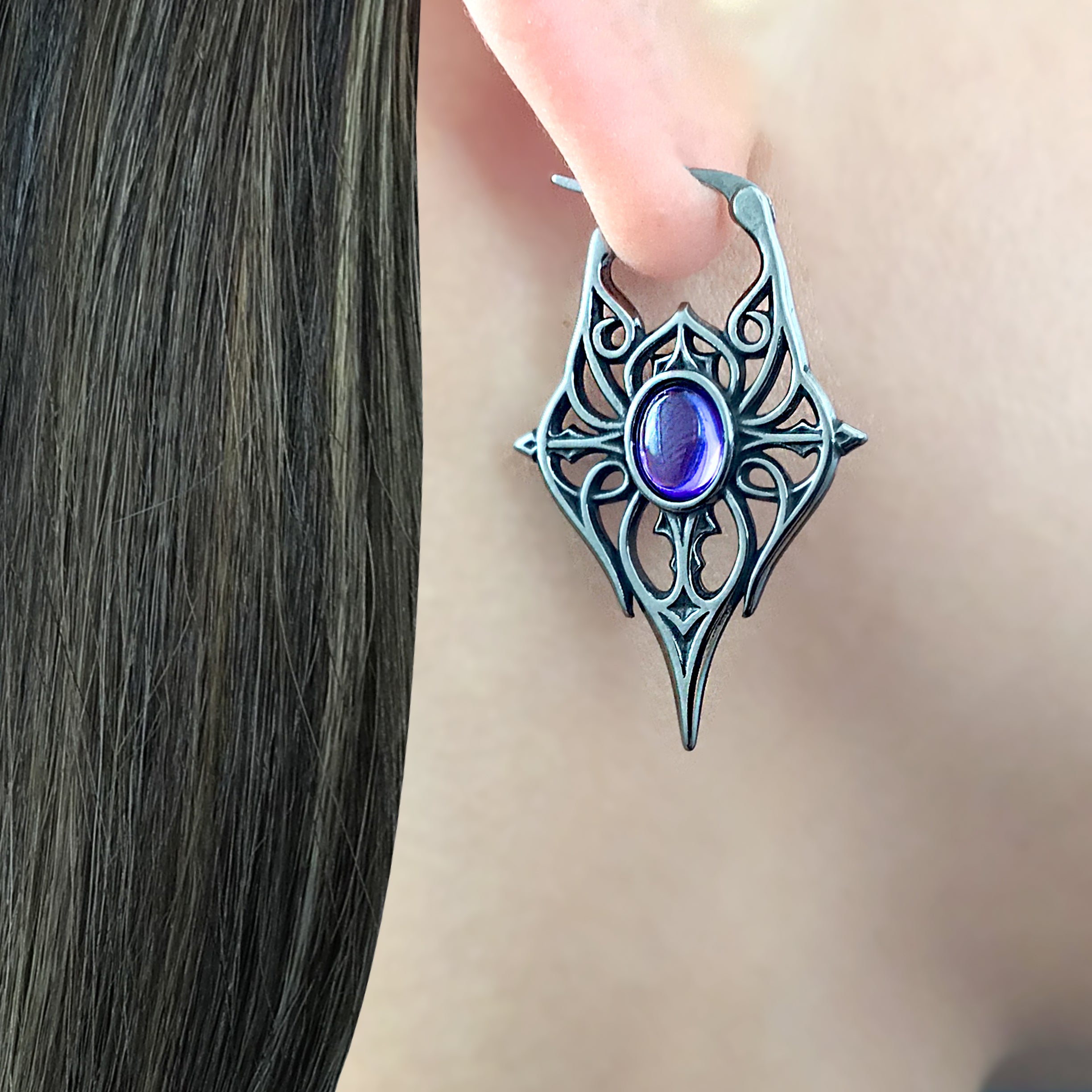 Spearhead Tribal Goth Hoop Earrings with Oval Gemstone