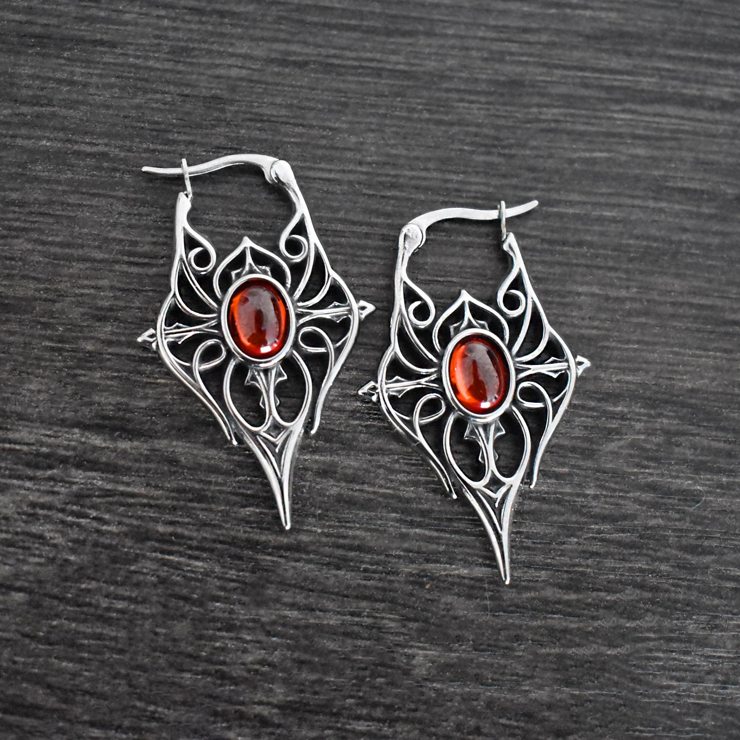 Spearhead Tribal Goth Hoop Earrings with Oval Gemstone
