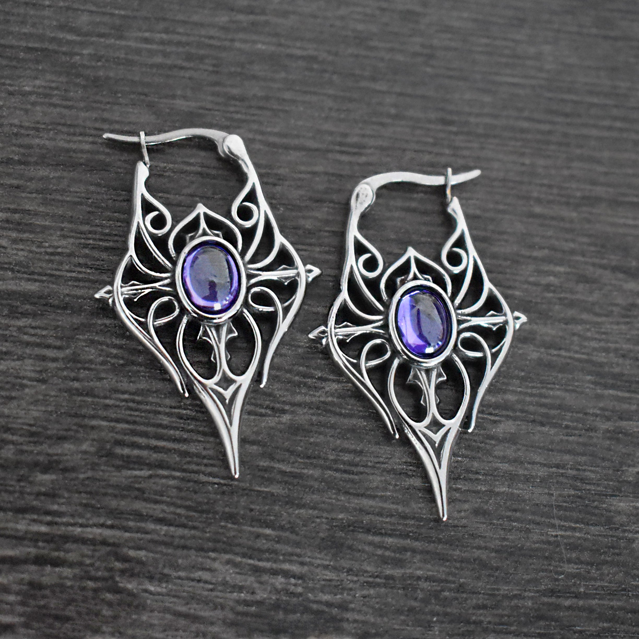 Spearhead Tribal Goth Hoop Earrings with Oval Gemstone
