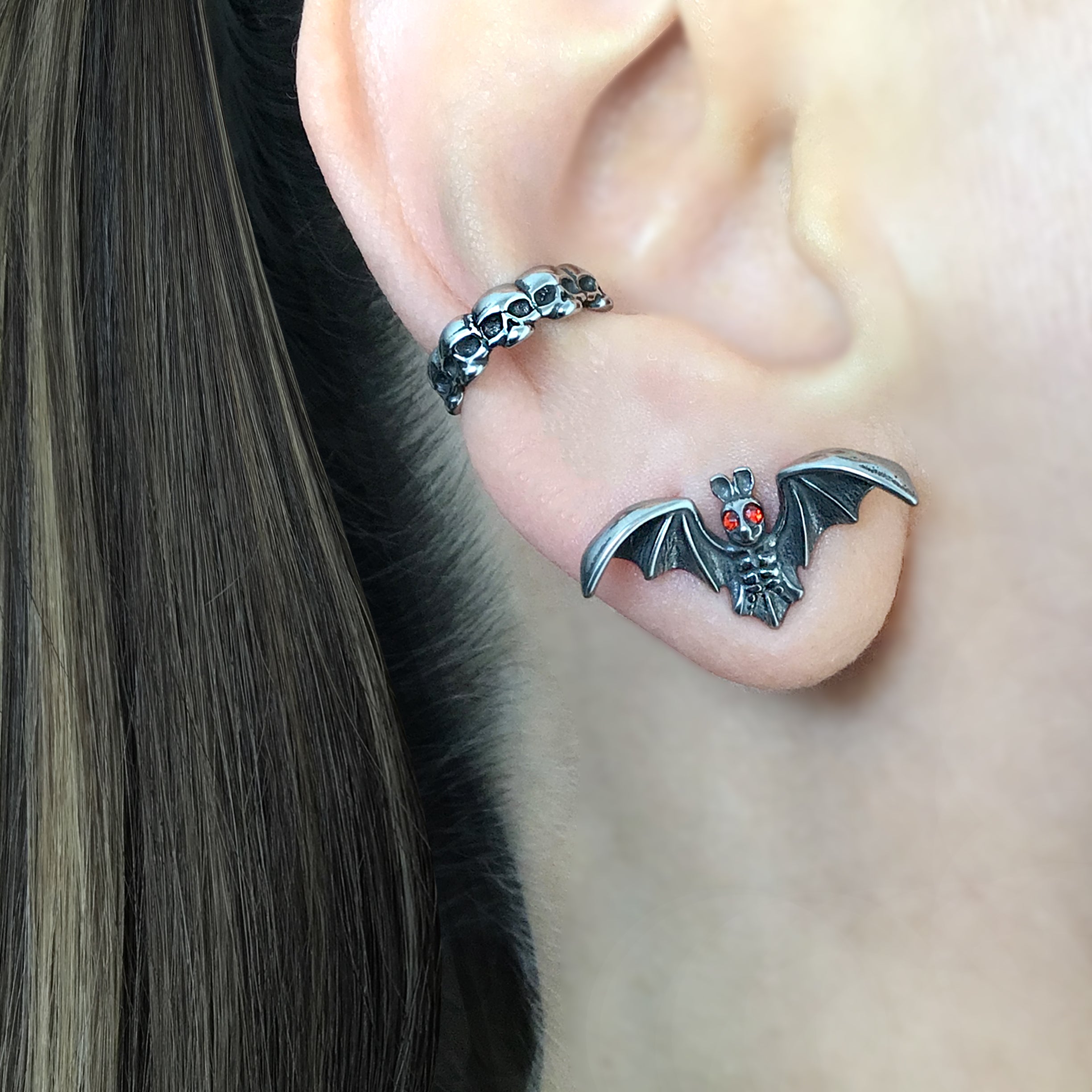 Gothic Bat Stud Earrings with Red CZ Eyes