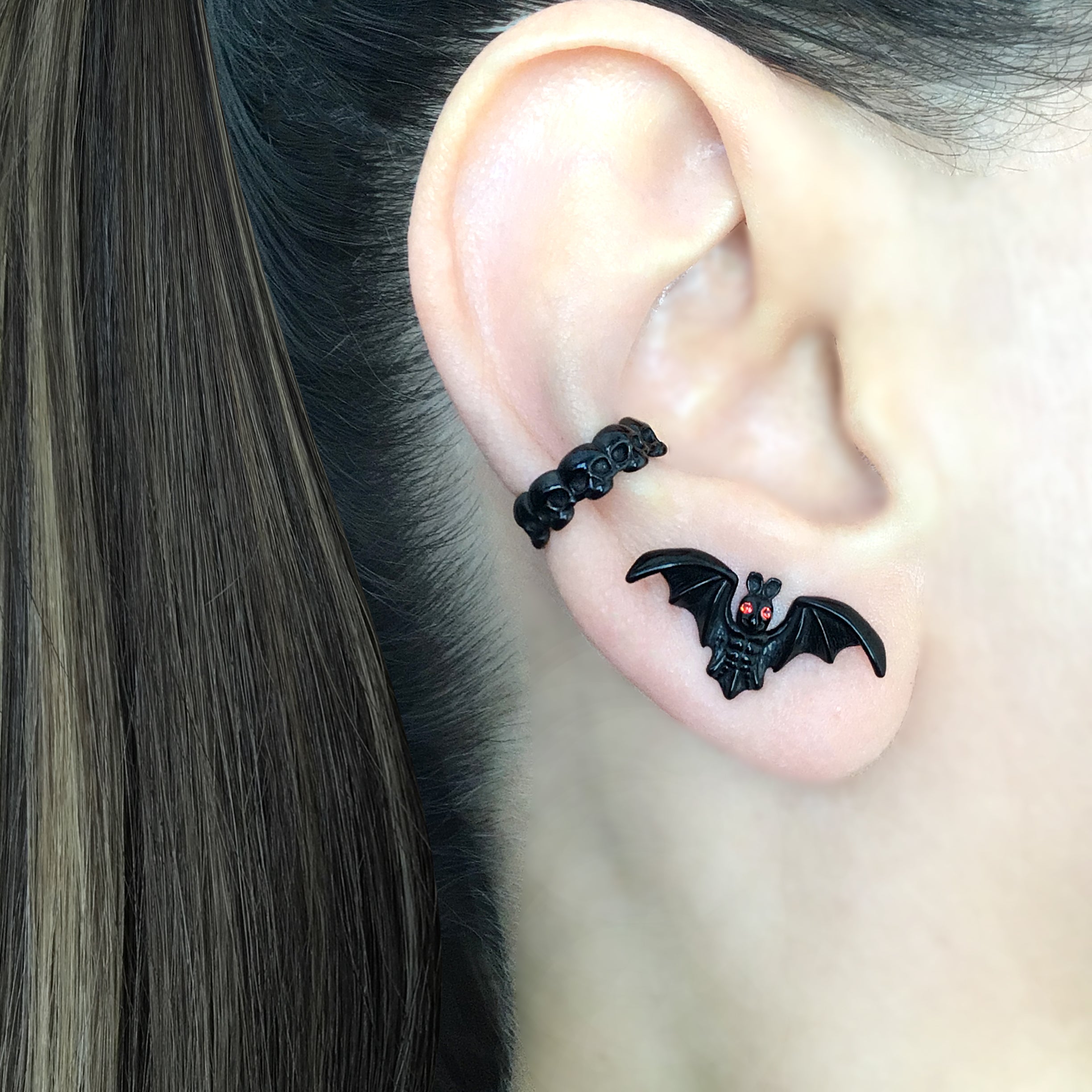 Gothic Bat Stud Earrings with Red CZ Eyes