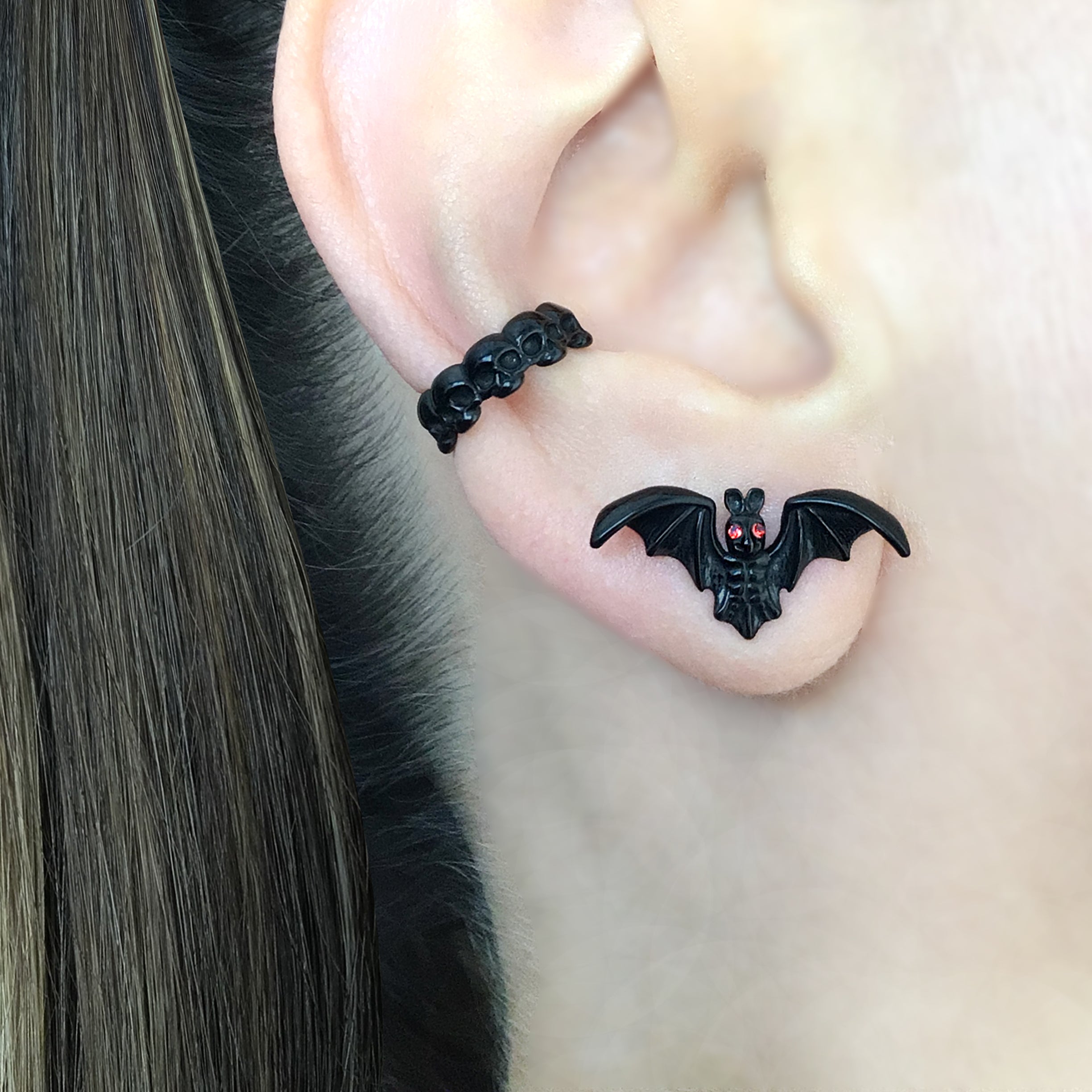 Gothic Bat Stud Earrings with Red CZ Eyes
