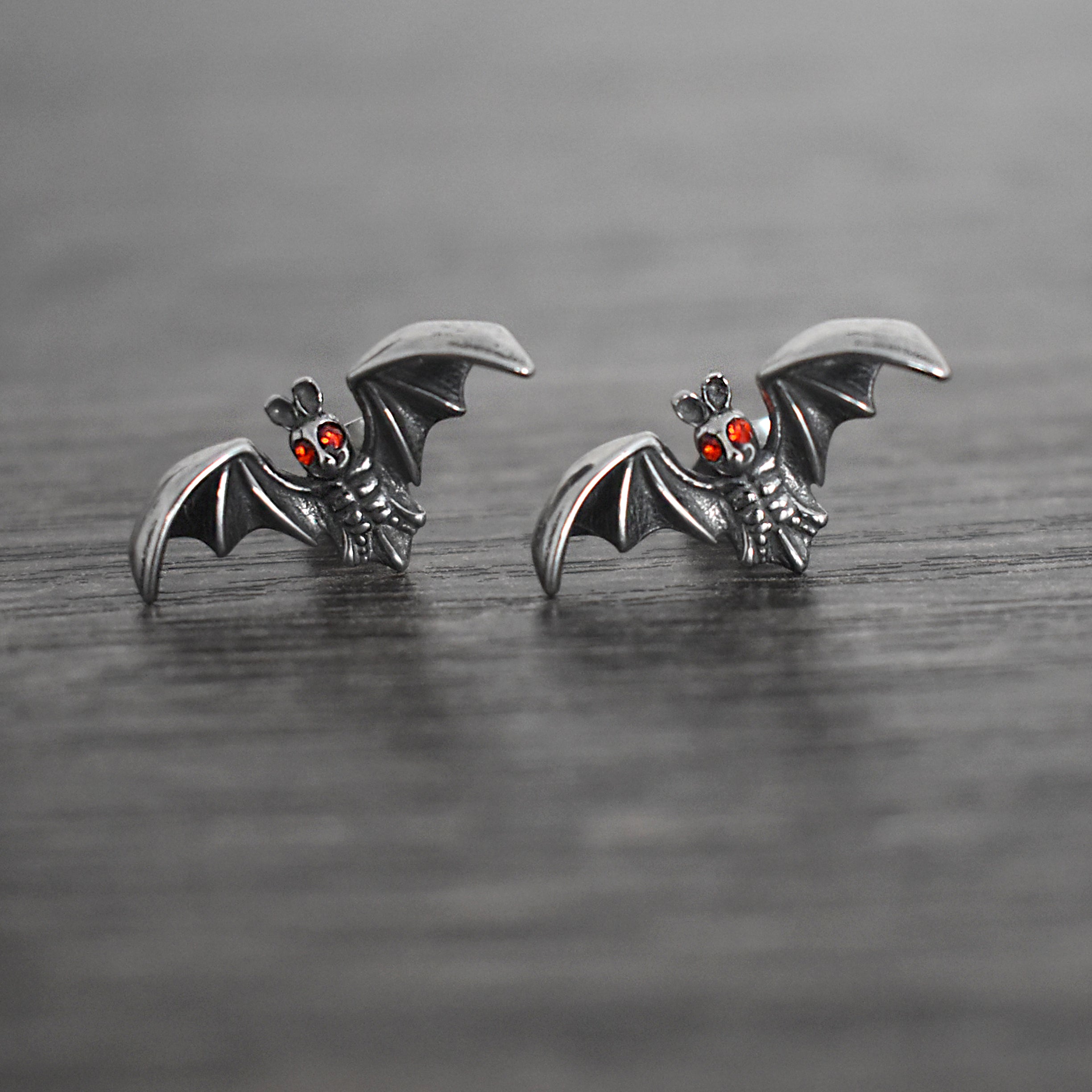 Gothic Bat Stud Earrings with Red CZ Eyes