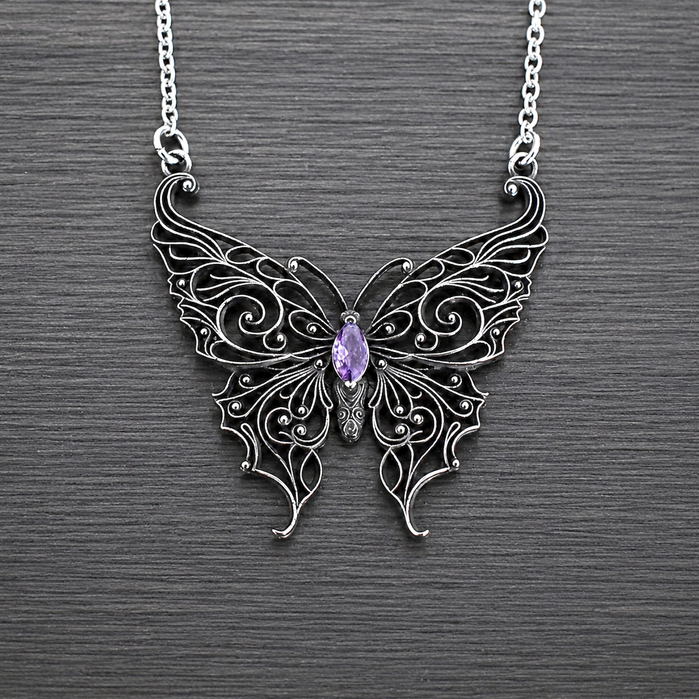 Victorian Lace Butterfly necklace with Purple stone