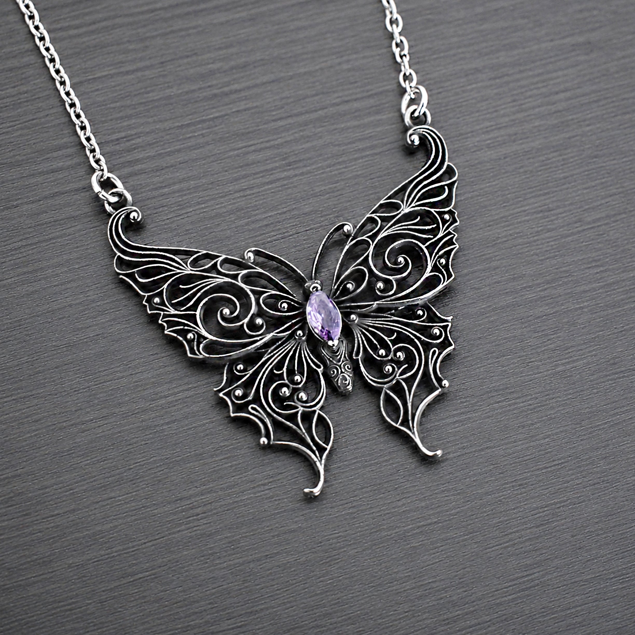 Victorian Lace Butterfly necklace with Purple stone