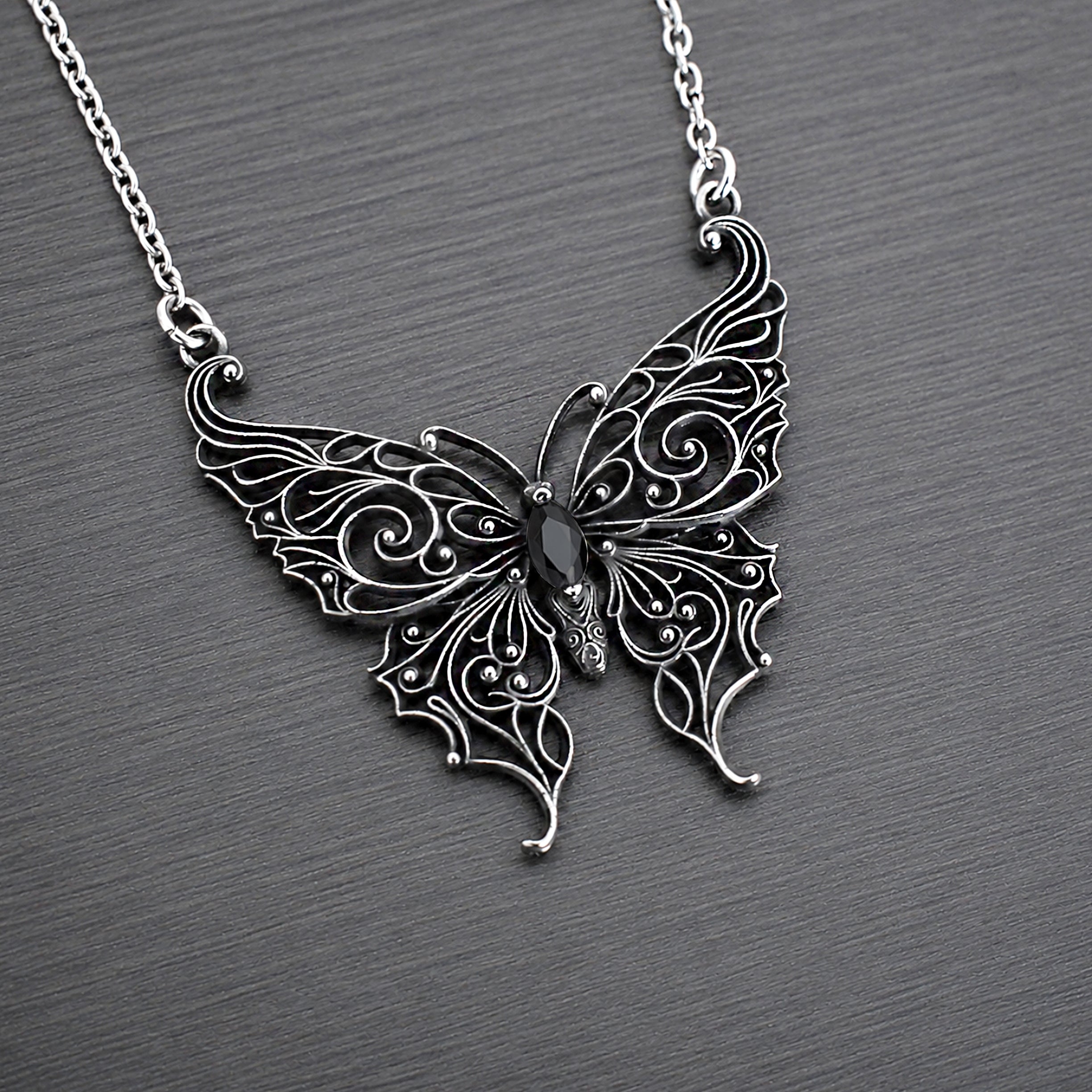 Victorian Lace Butterfly necklace with Black stone