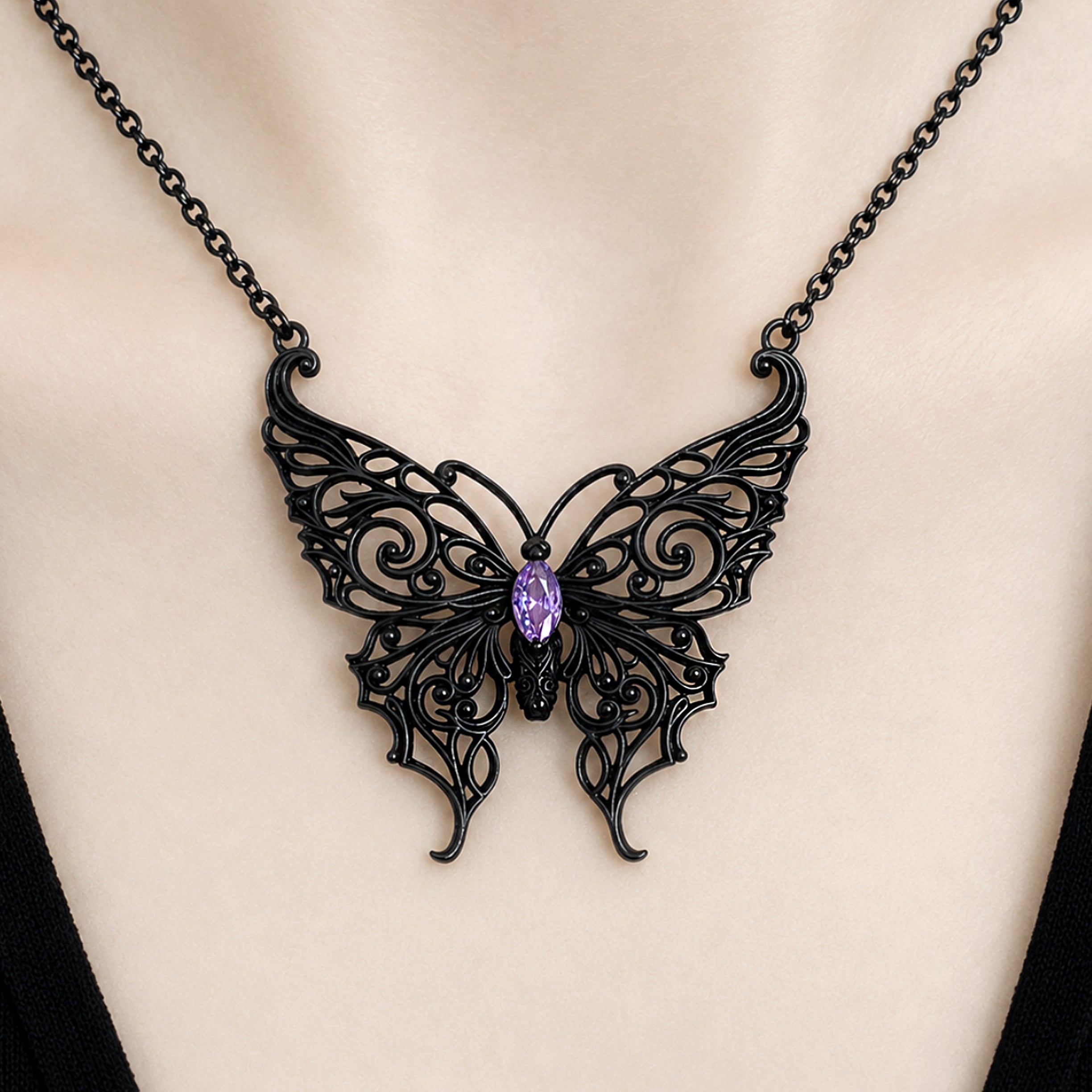Victorian Lace Butterfly necklace with Purple stone