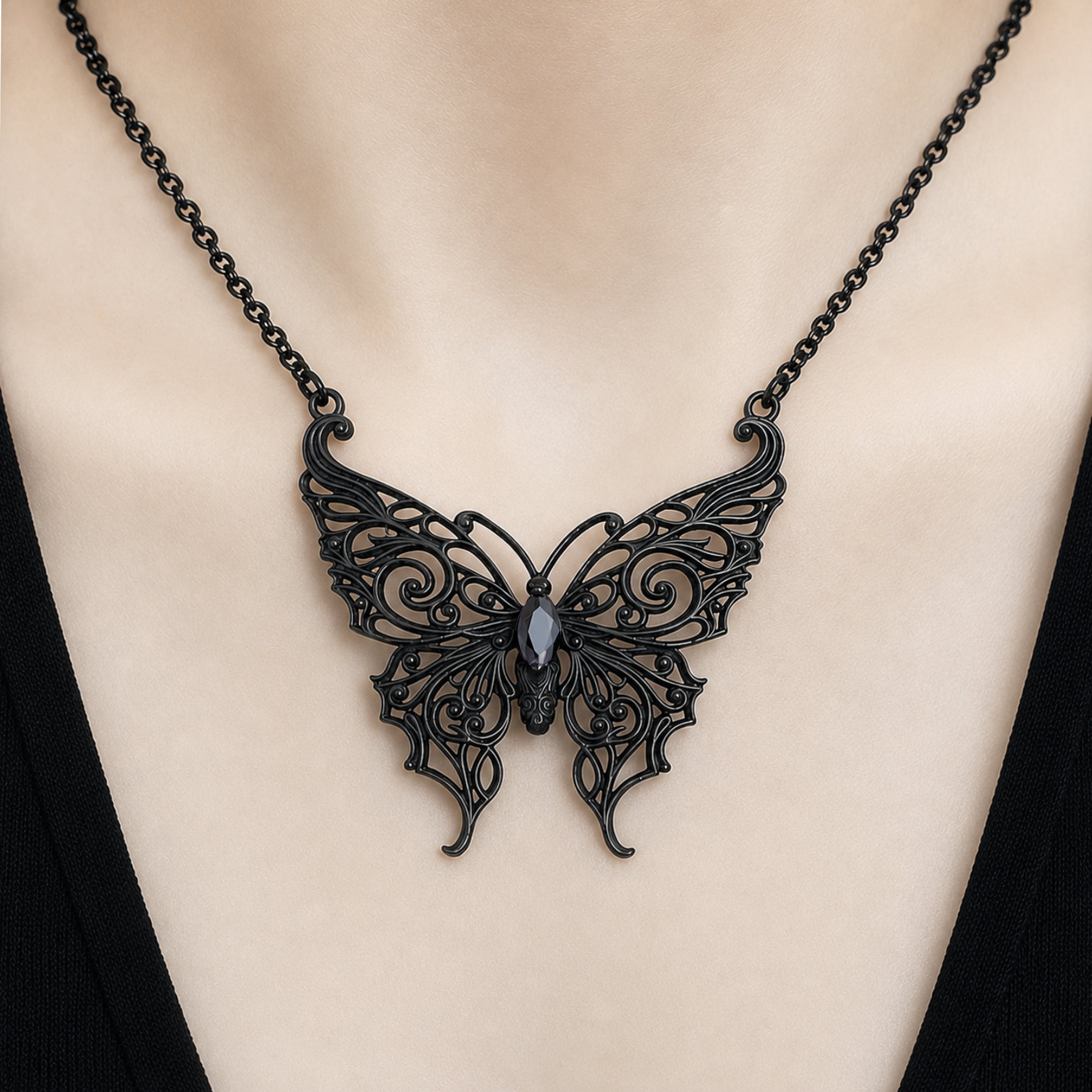 Victorian Lace Butterfly necklace with Black stone