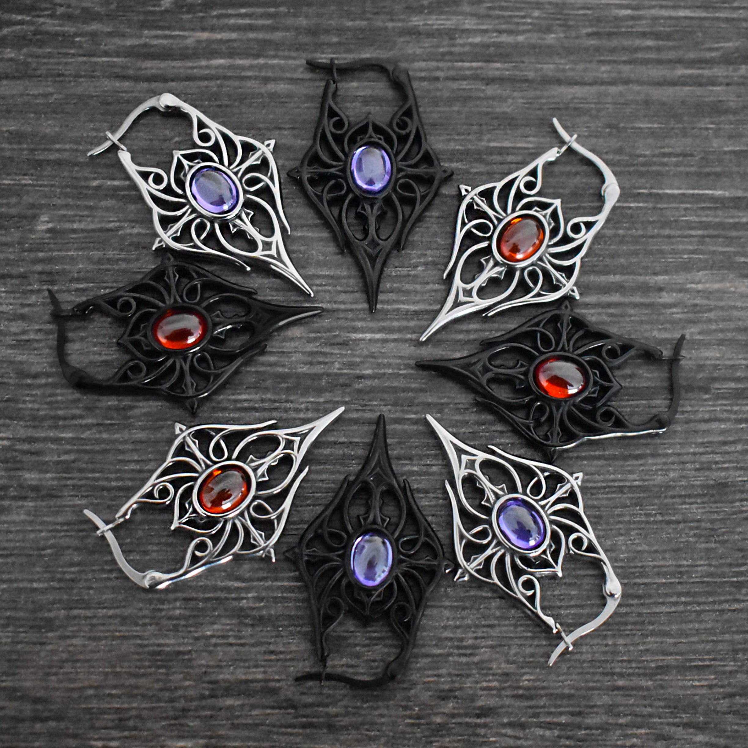 Spearhead Tribal Goth Hoop Earrings with Oval Gemstone
