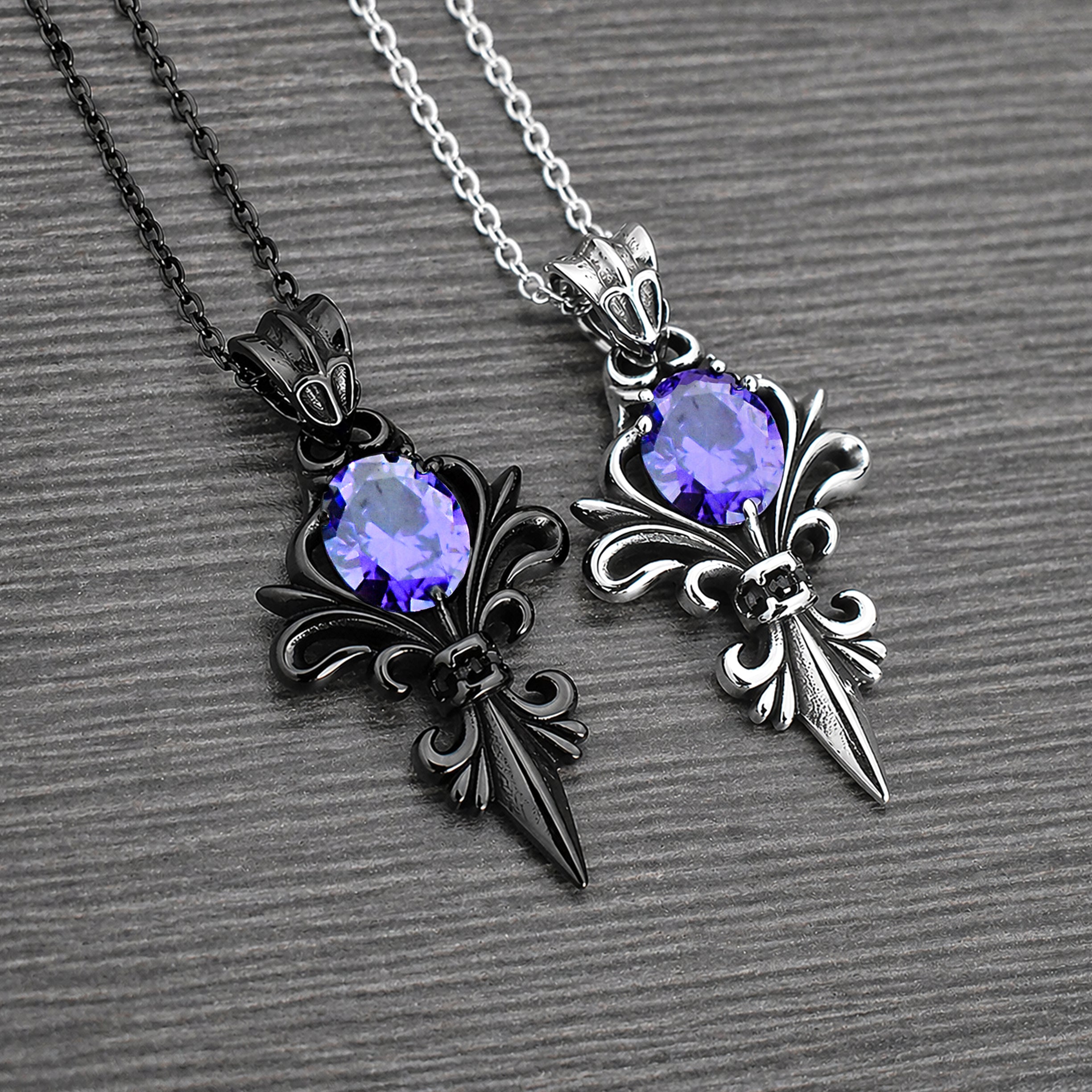 Gothic Fleur-de-Lis Necklace with Purple stone