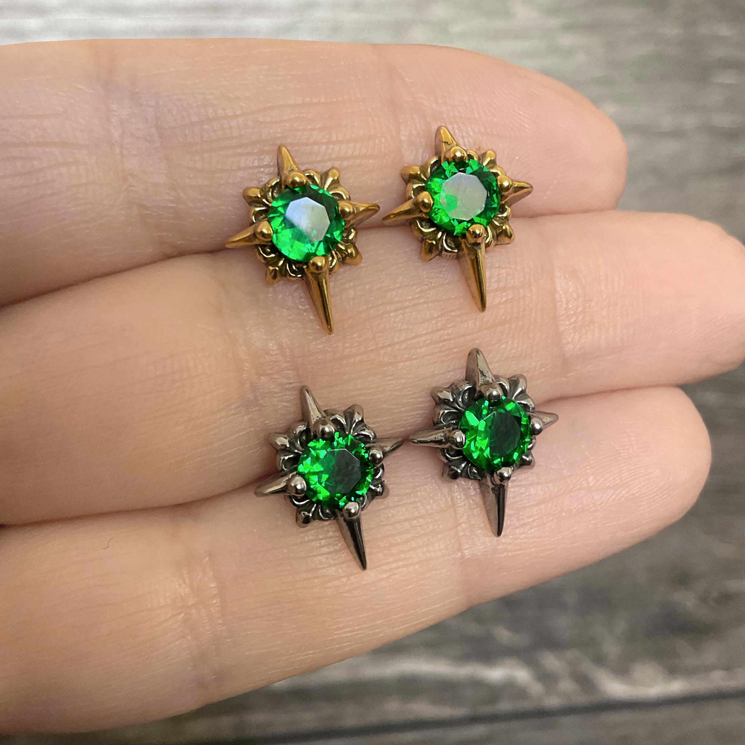 Starburst stud earrings with Green CZ