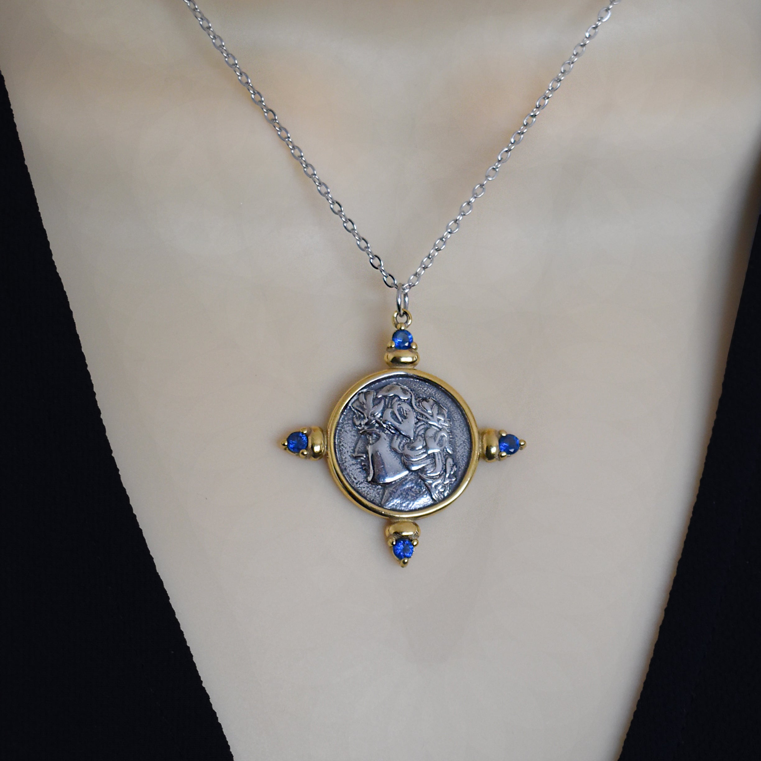 Coin necklace with Blue stones