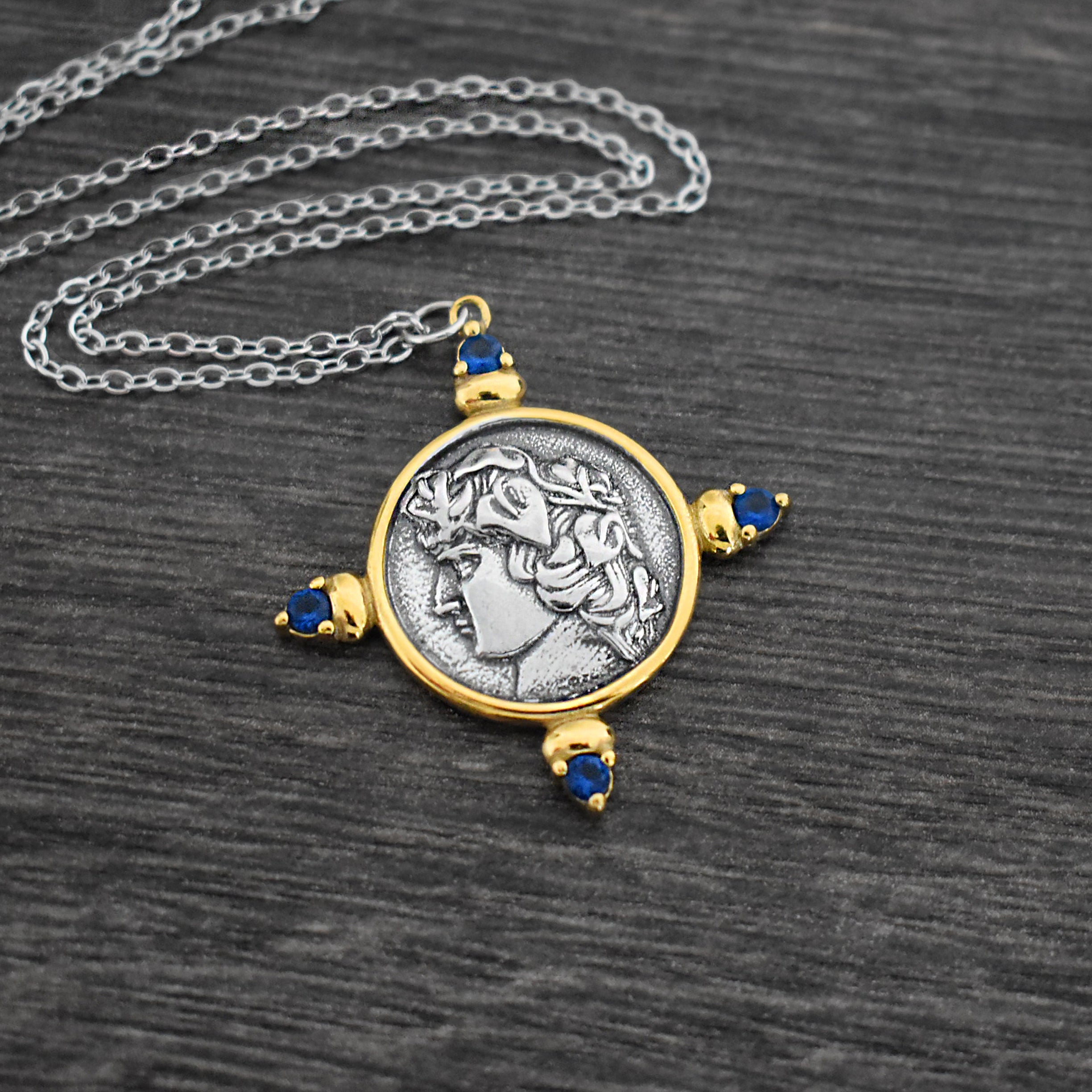Coin necklace with Blue stones