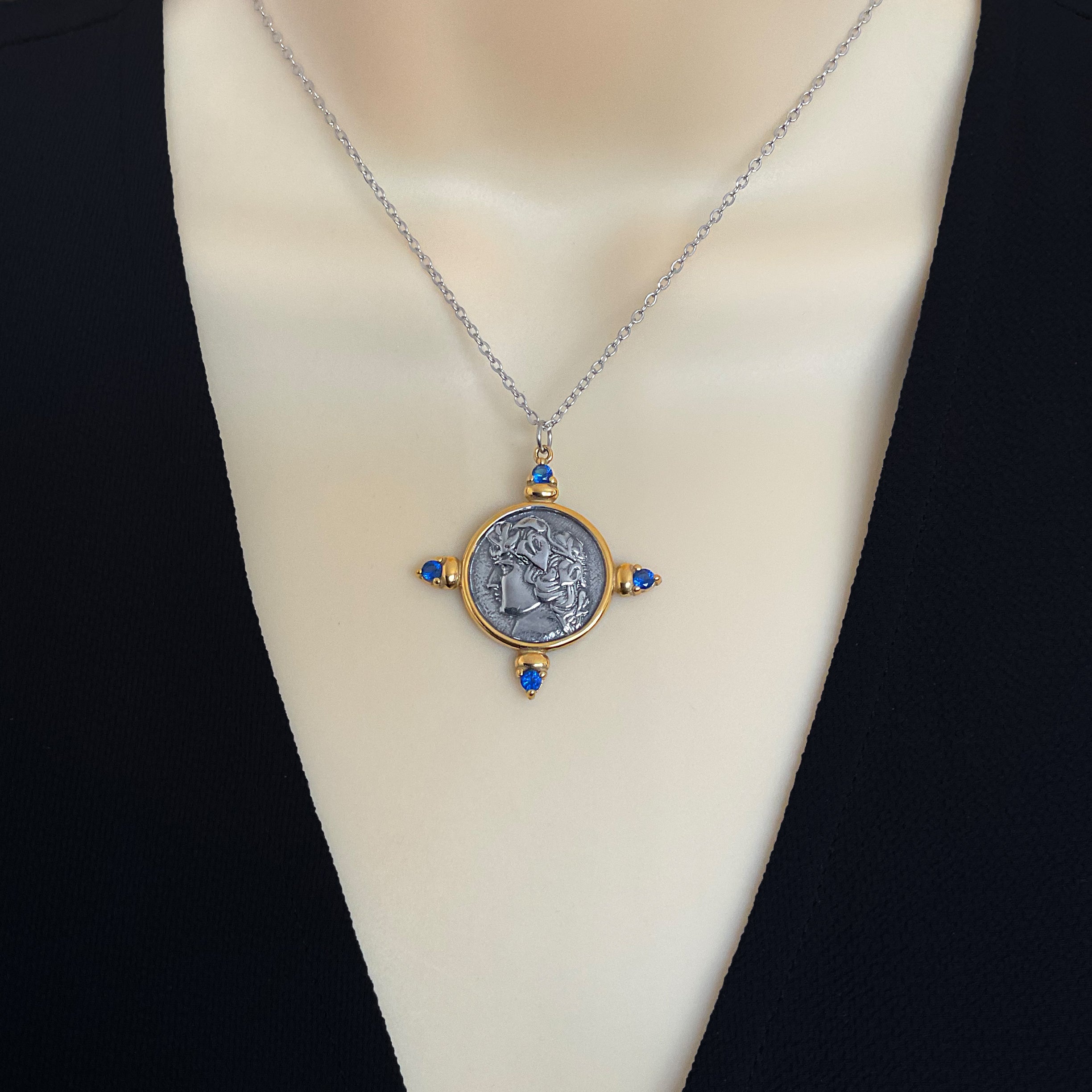 Coin necklace with Blue stones