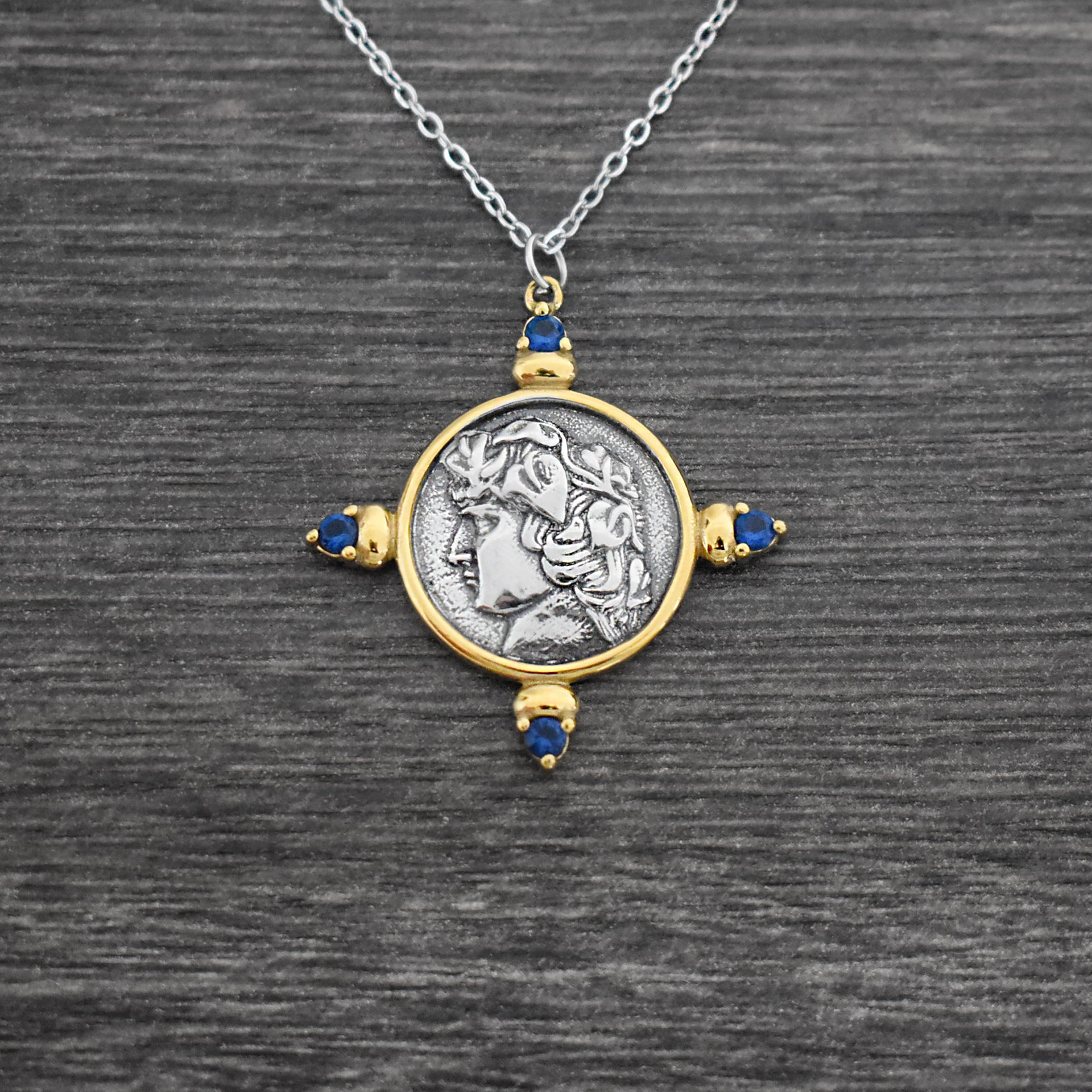 Coin necklace with Blue stones