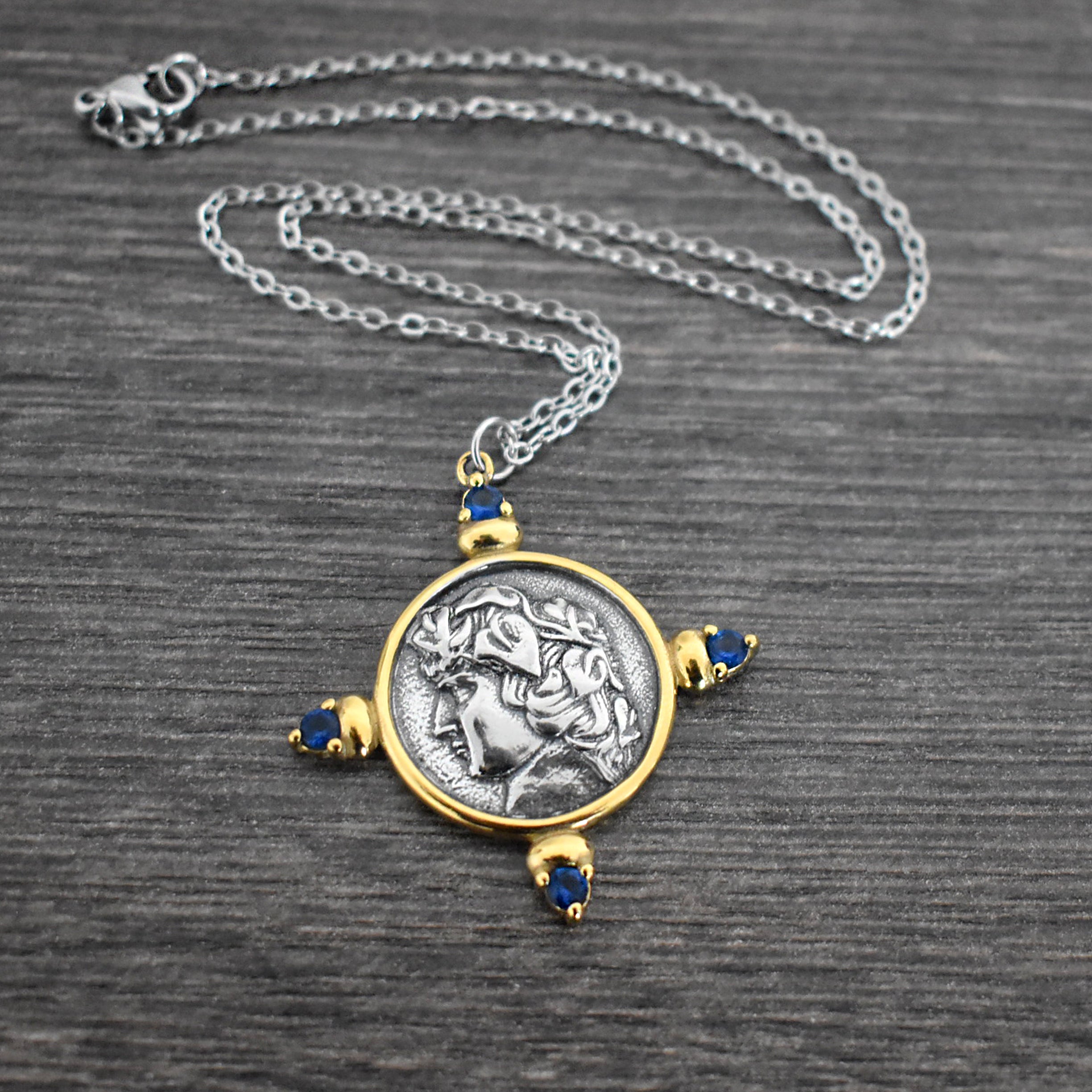 Coin necklace with Blue stones
