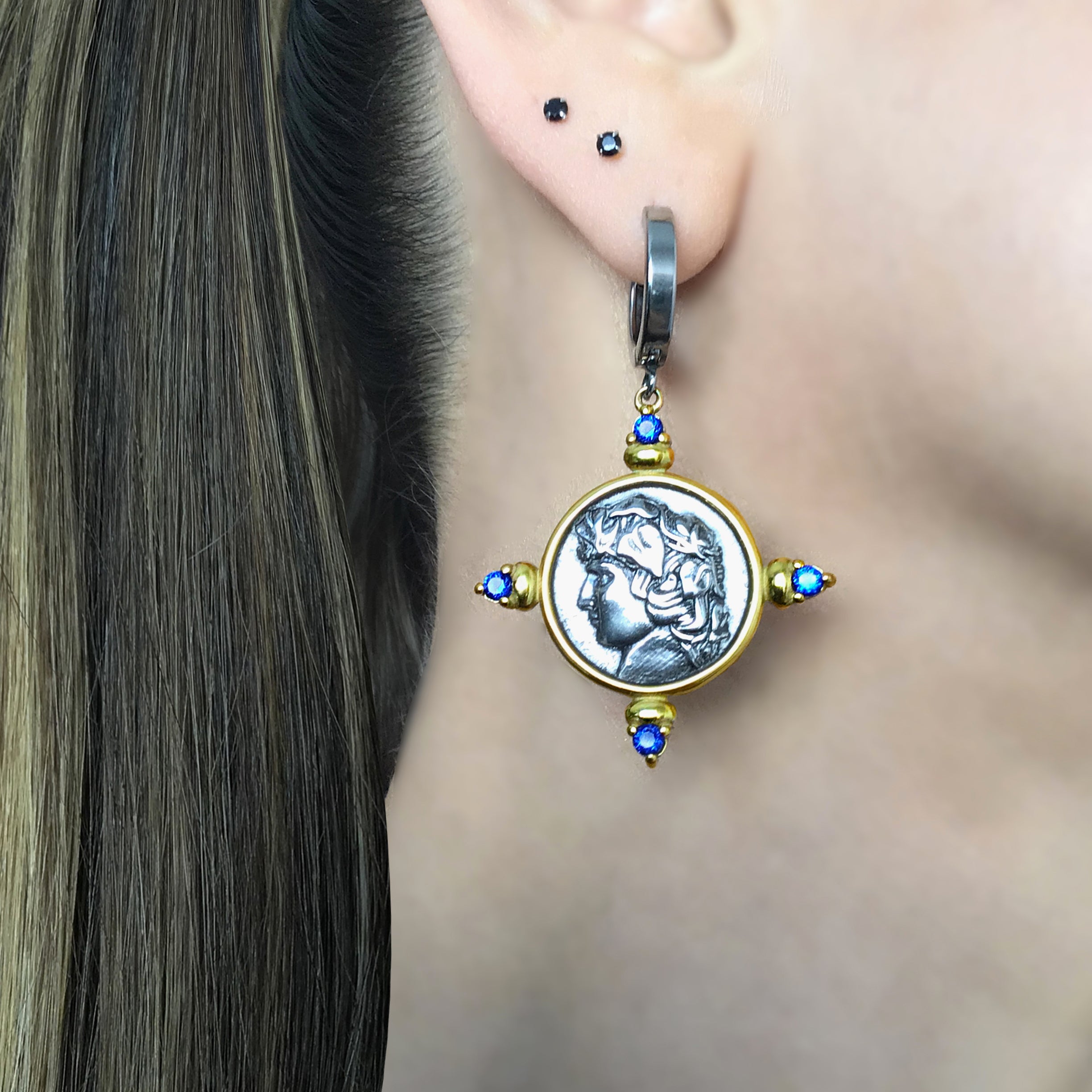 Coin hoop earrings with Sapphire CZ stones