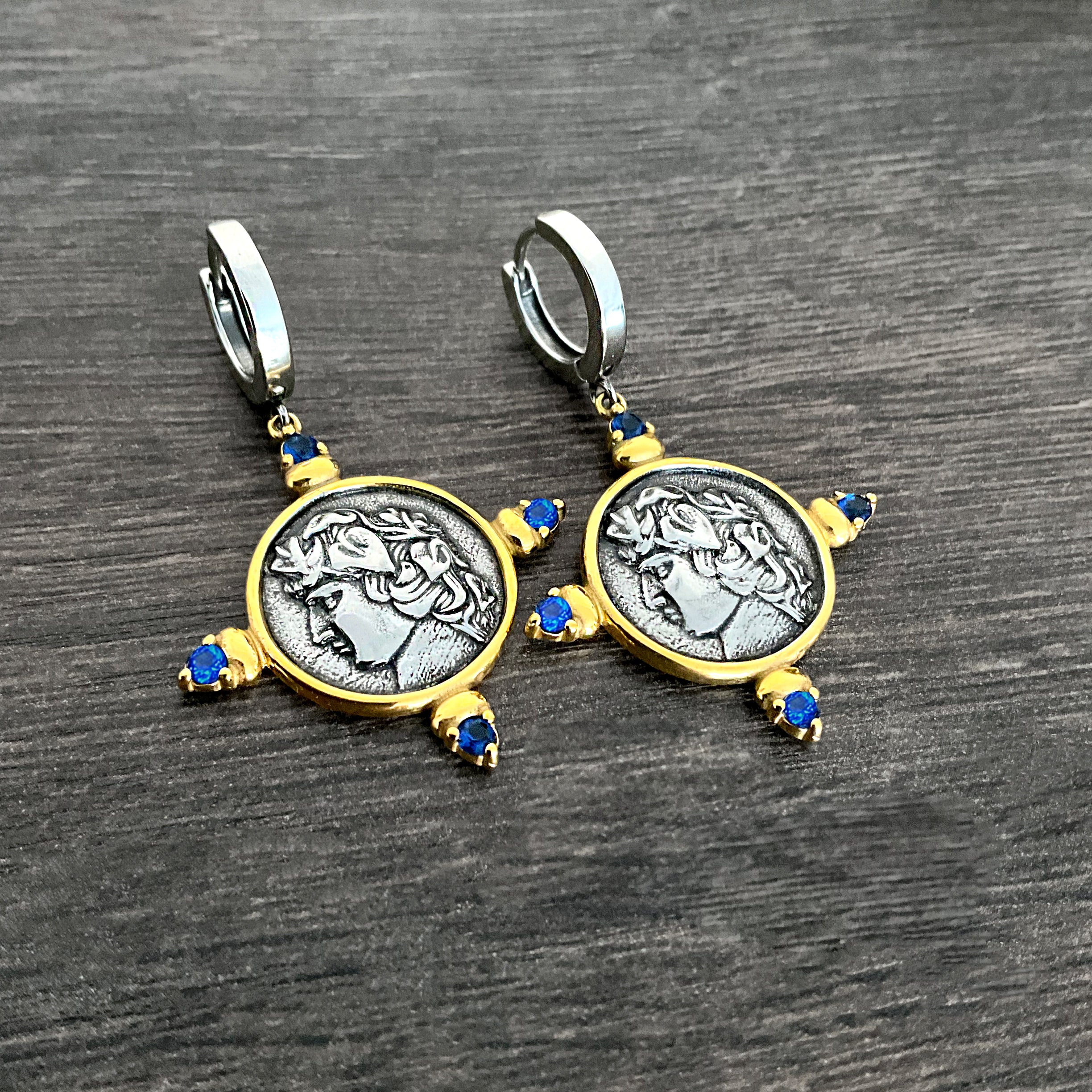 Coin hoop earrings with Sapphire CZ stones