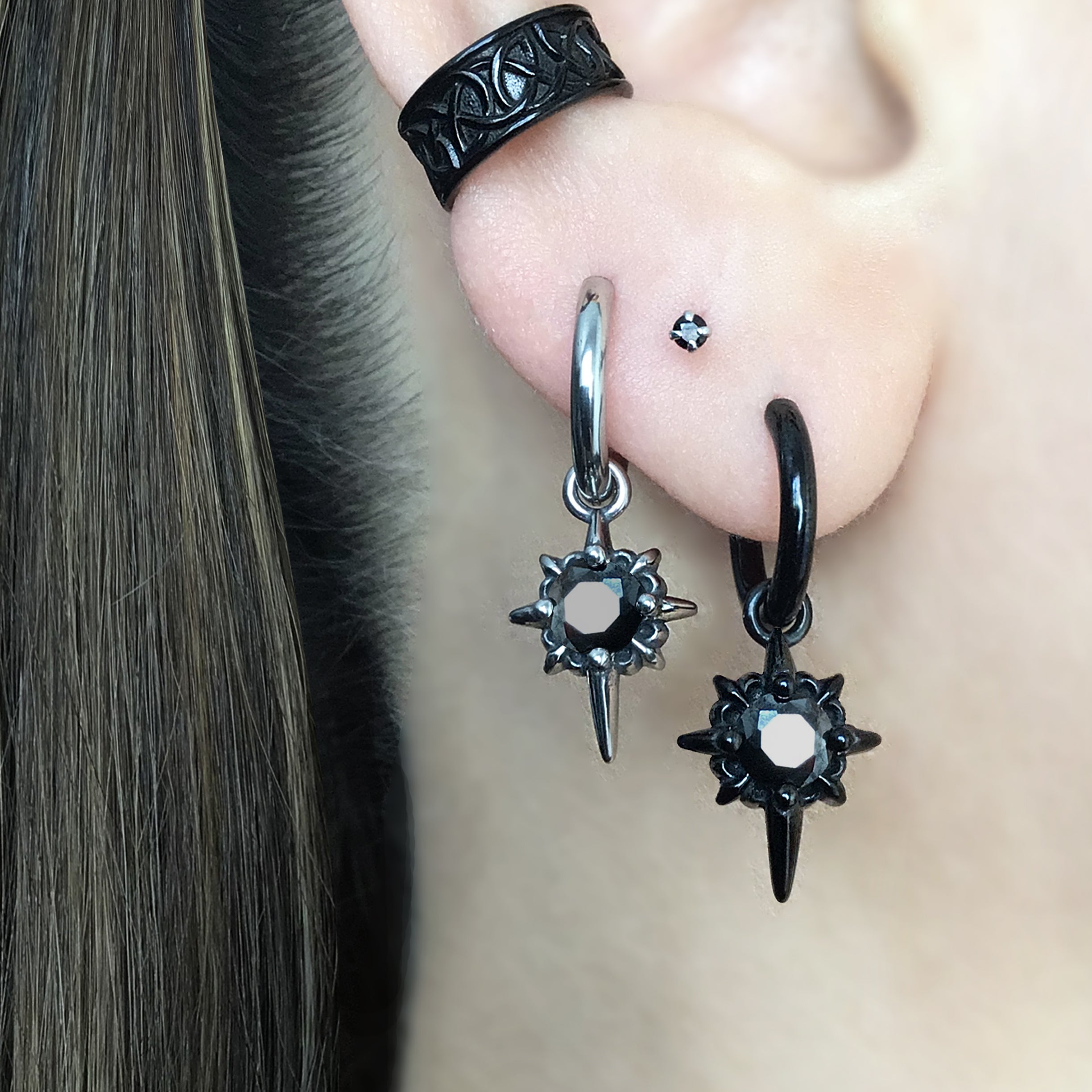 North Star hoops with Black CZ