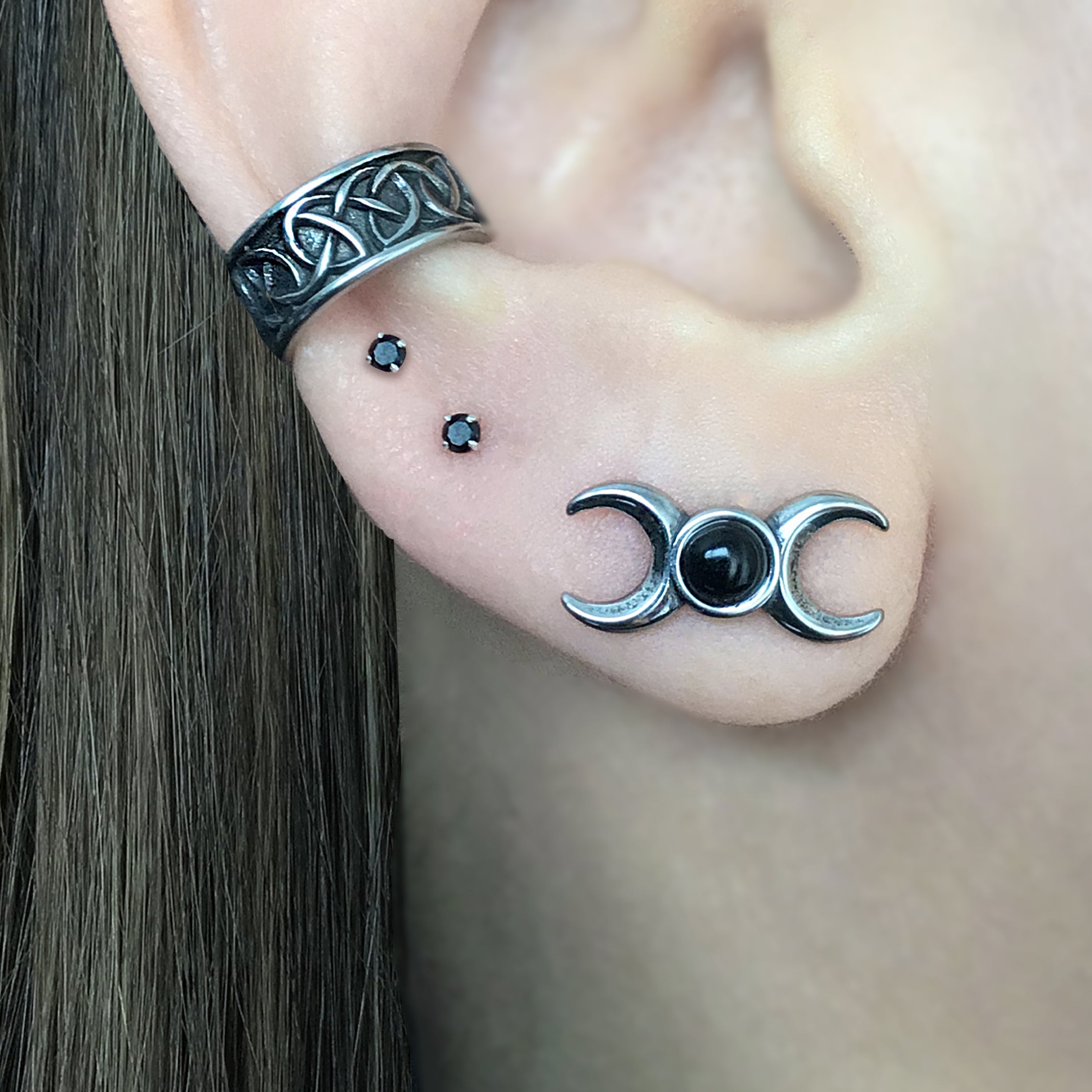 Two moons stud earrings with Black stone