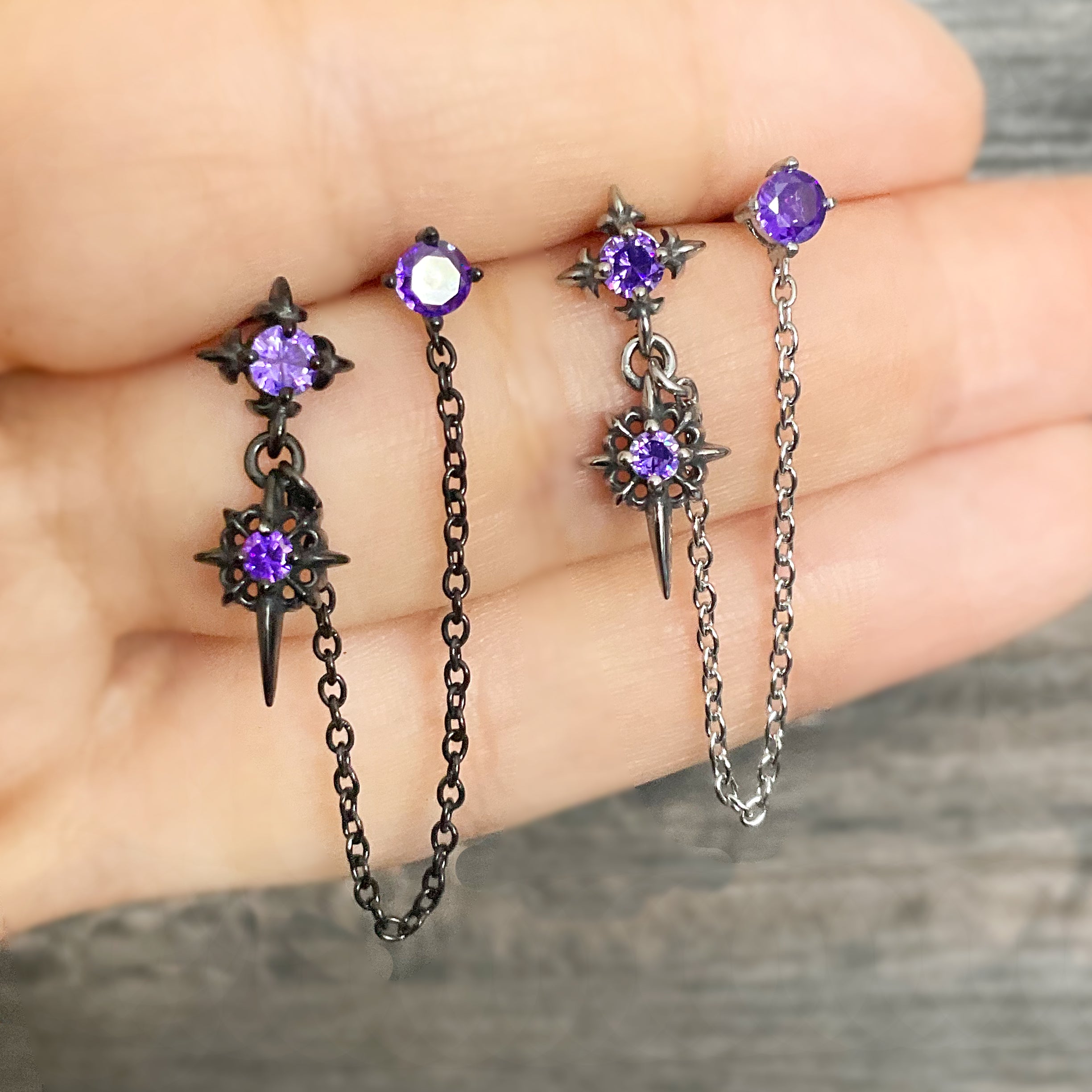 Double piercing Gothic Star earring with Purple stone