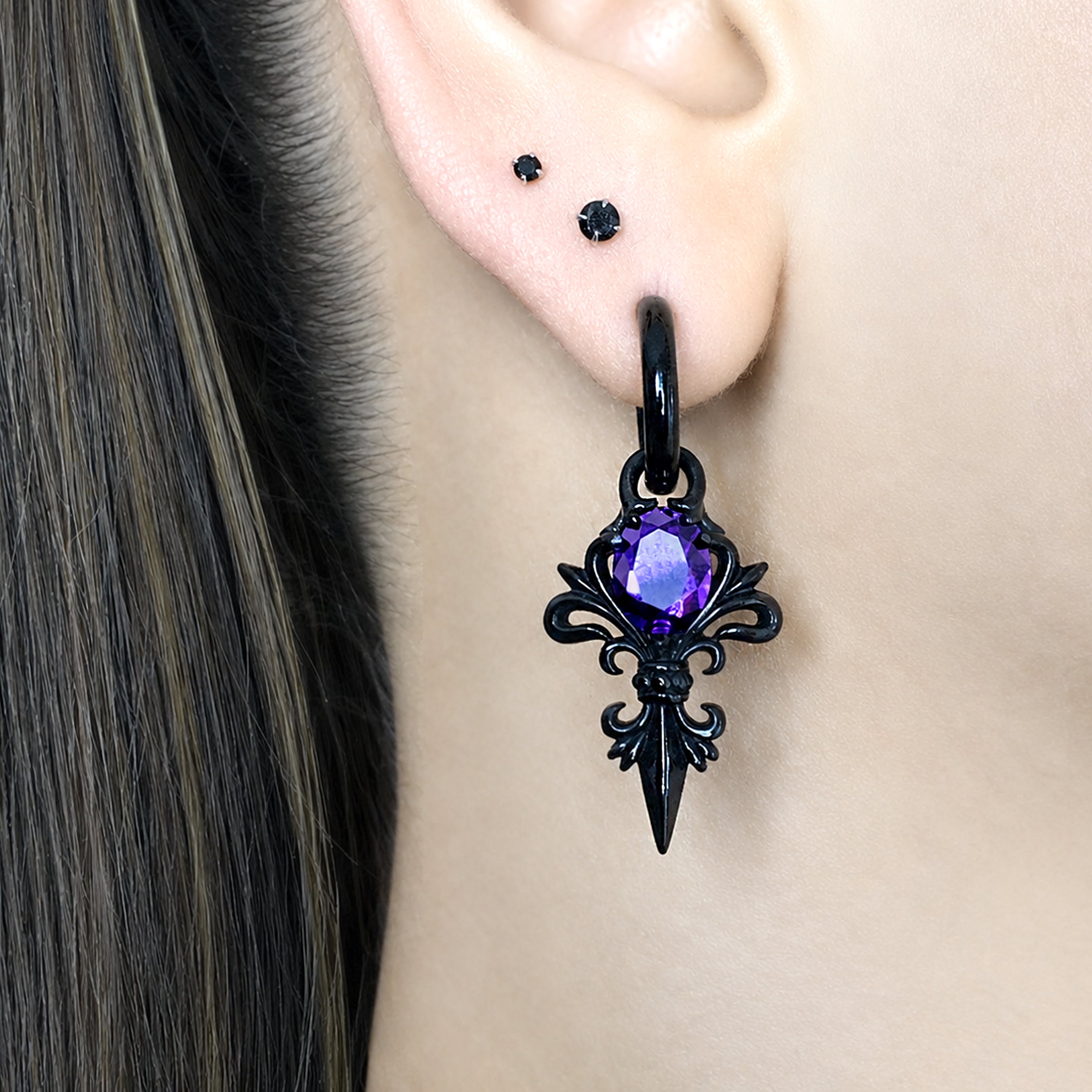 Gothic Fleur De Lis Hoop Earrings with Purple stone