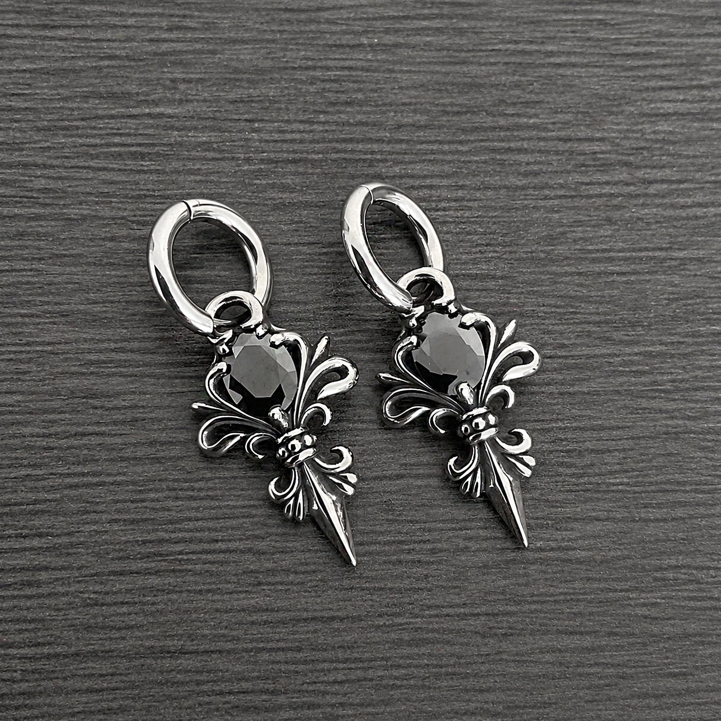 Gothic Fleur De Lis Hoop Earrings with Black stone