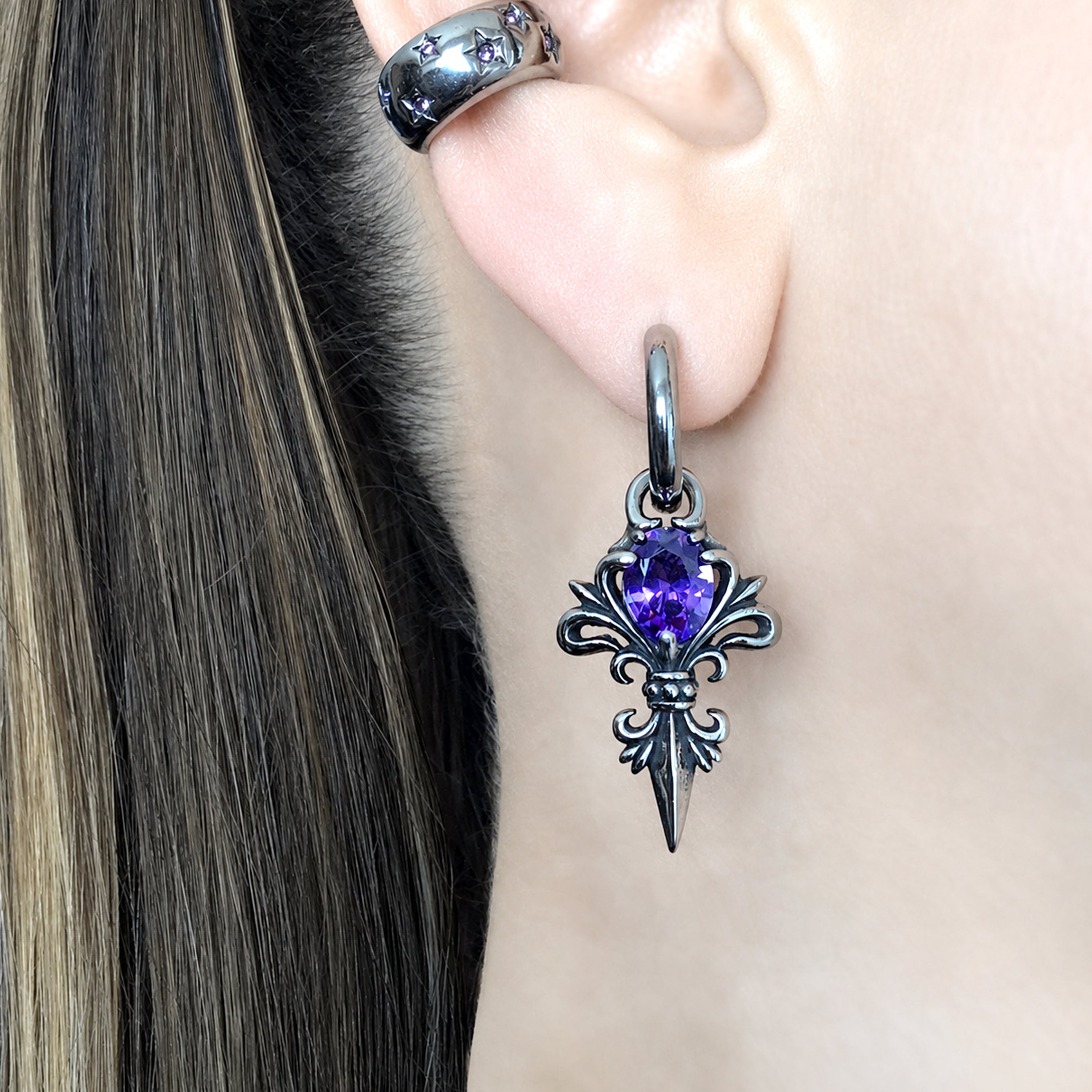 Gothic Fleur De Lis Hoop Earrings with Purple stone