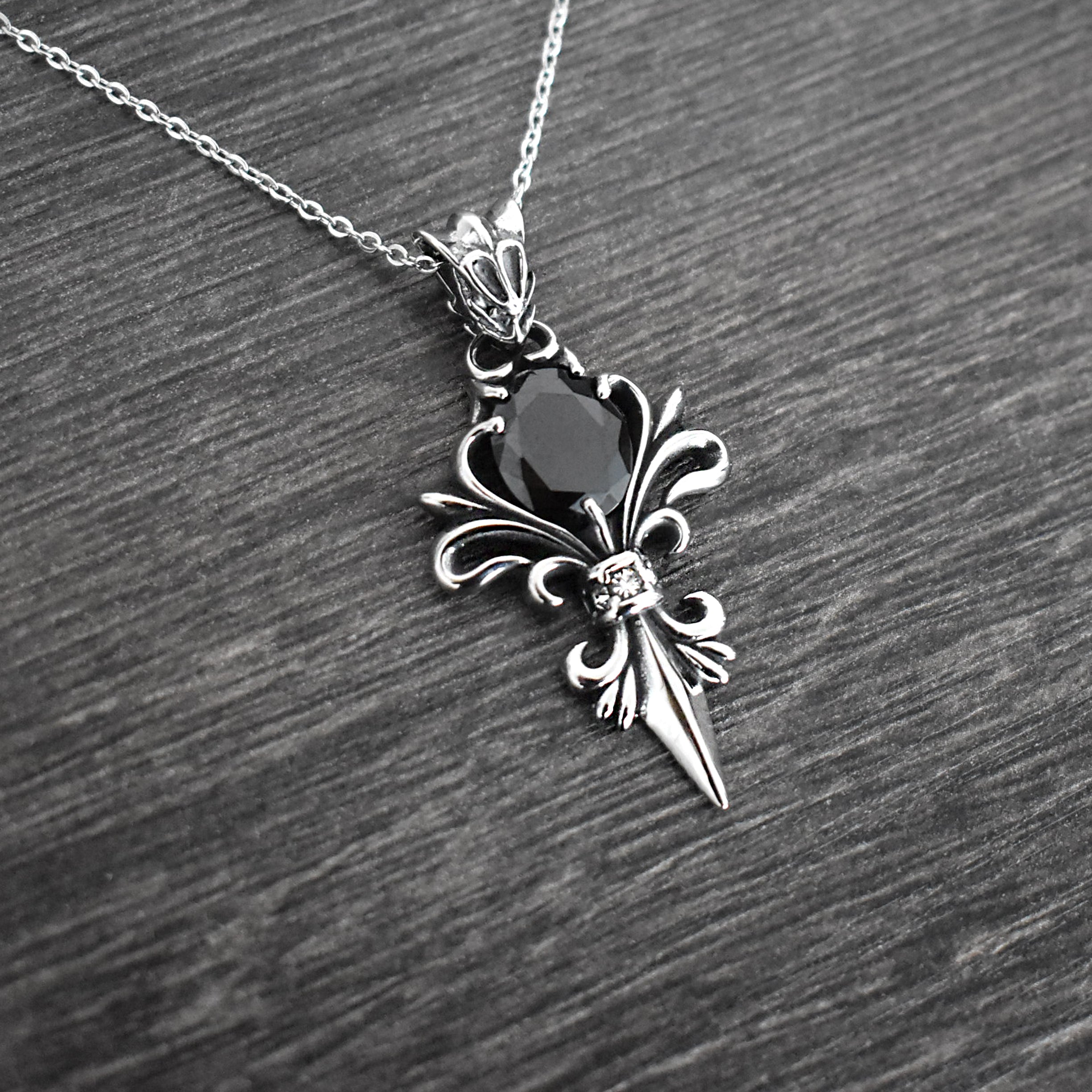 Gothic Fleur-de-Lis Necklace with Black stone