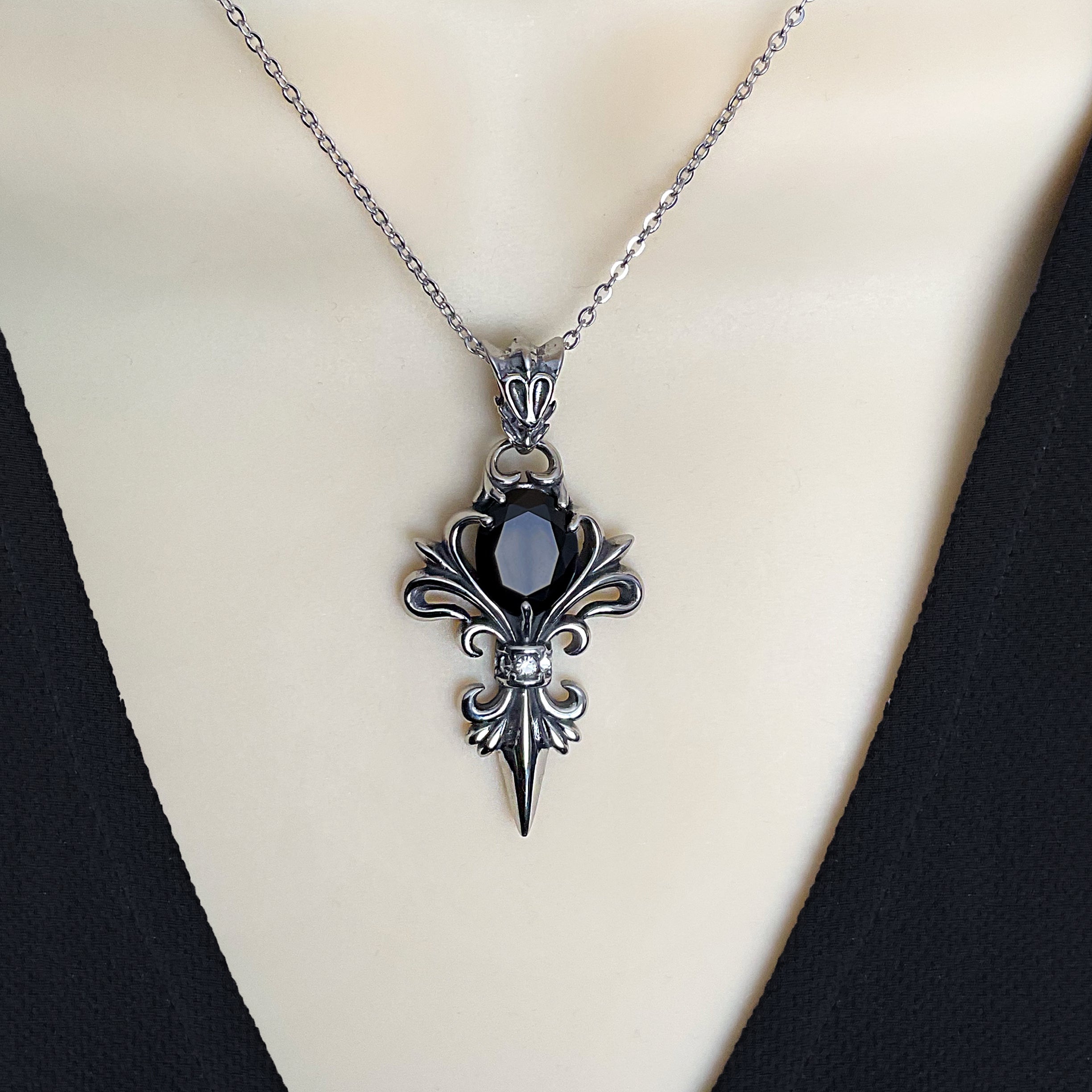 Gothic Fleur-de-Lis Necklace with Black stone