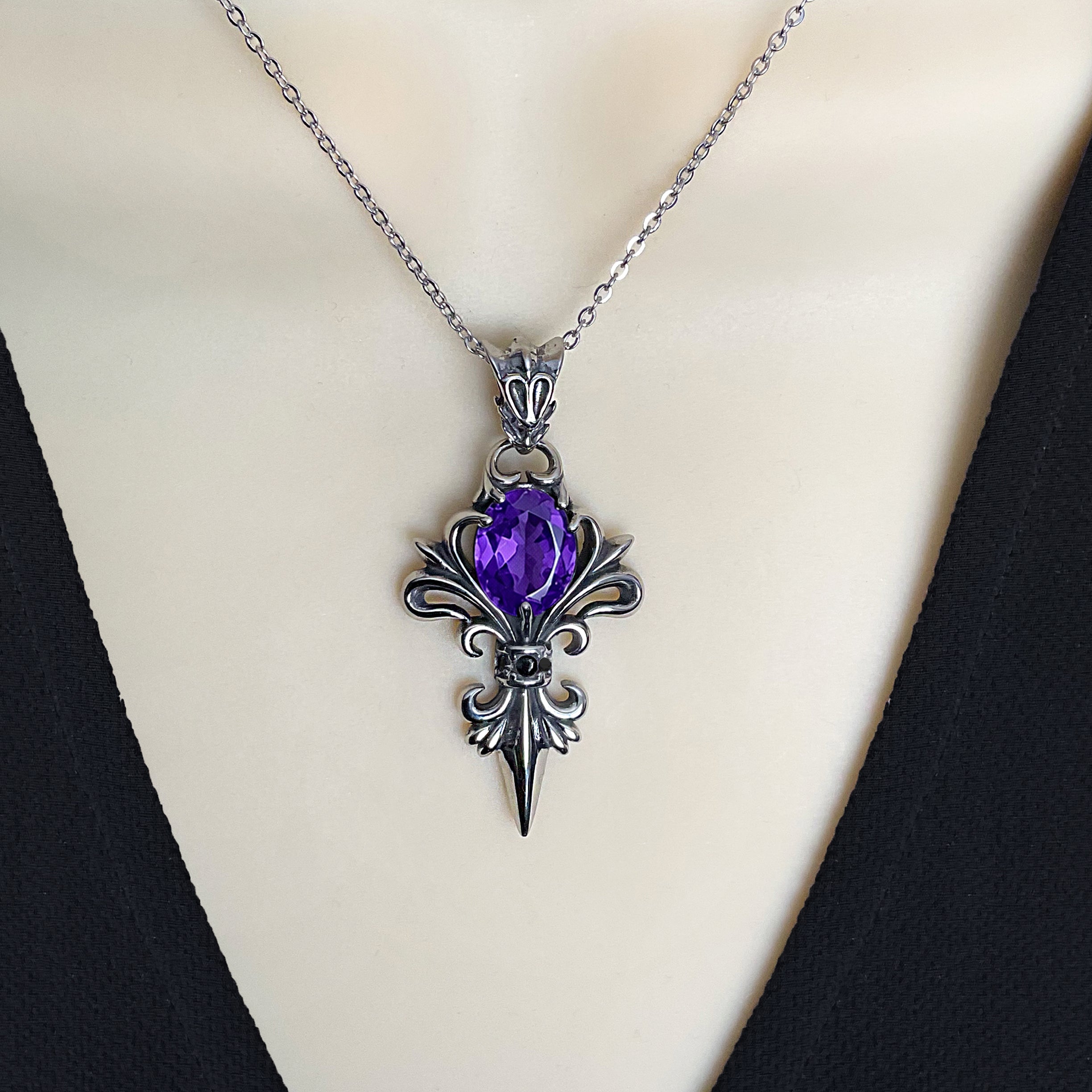 Gothic Fleur-de-Lis Necklace with Purple stone