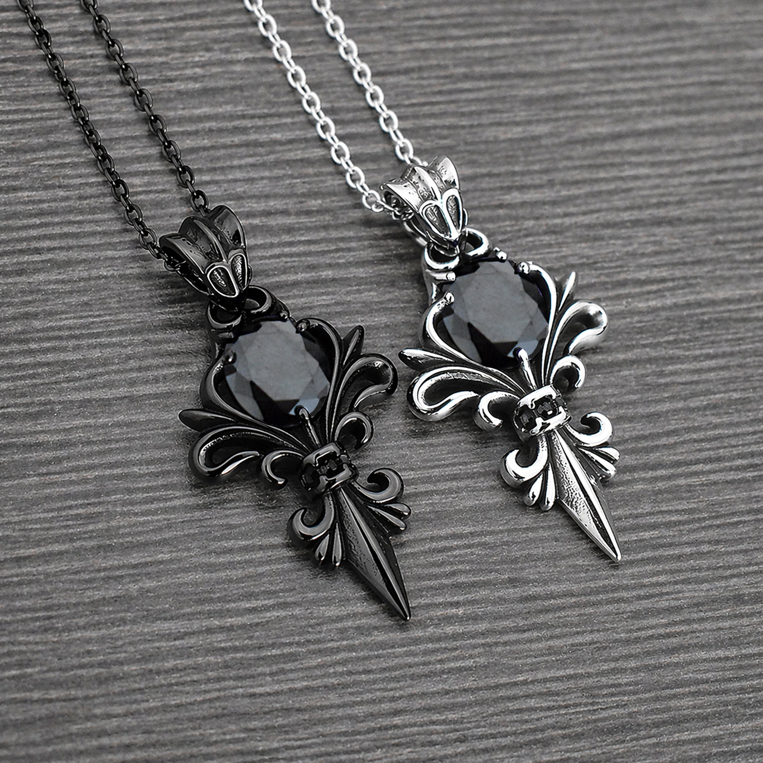 Gothic Fleur-de-Lis Necklace with Black stone